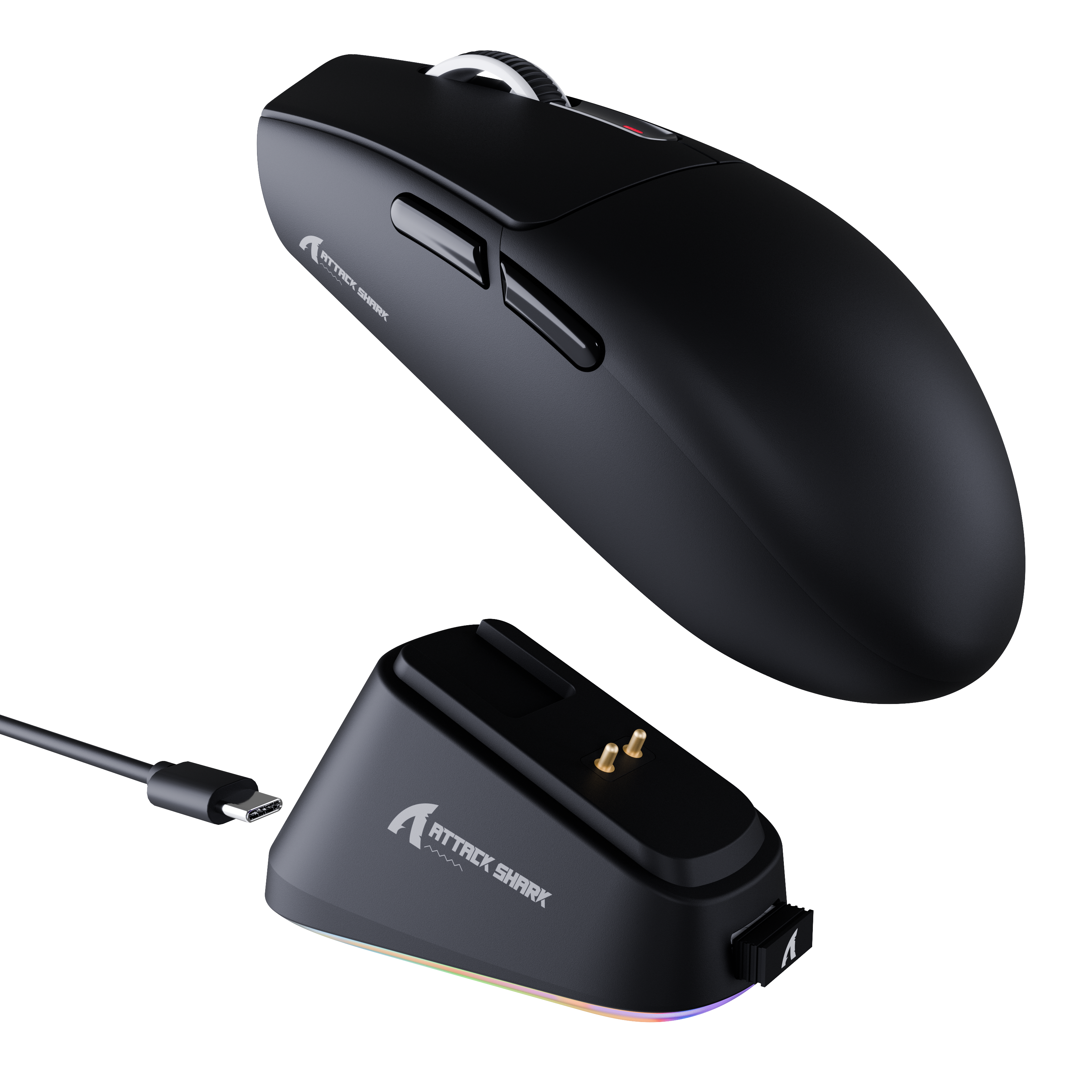 ATTACK SHARK G3PRO Tri-mode Wireless Gaming Mouse with Charge Dock. Black gaming mouse and charging dock.