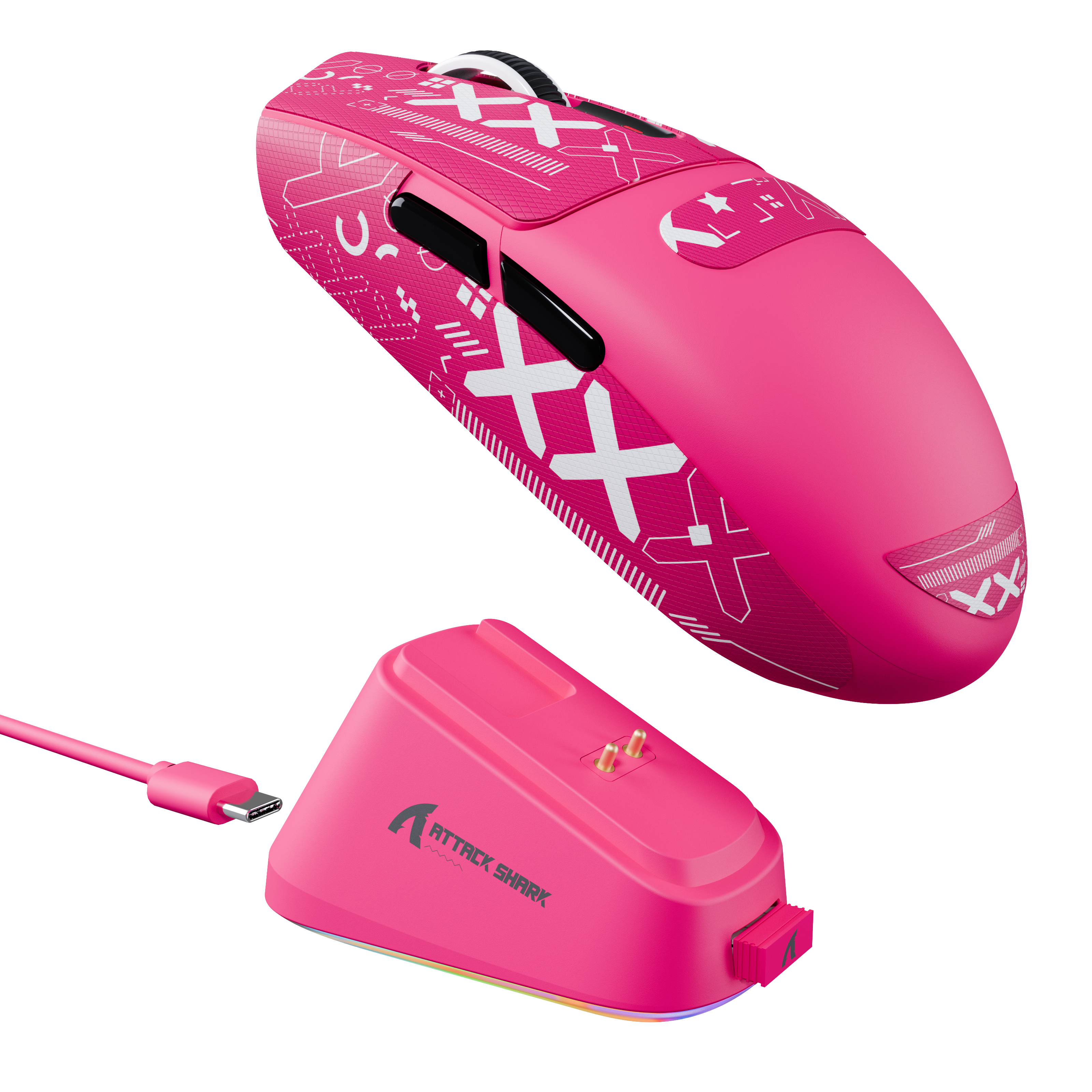 ATTACK SHARK G3PRO pink wireless gaming mouse and charging dock. Ultra-lightweight design, RGB charging base and USB-C.