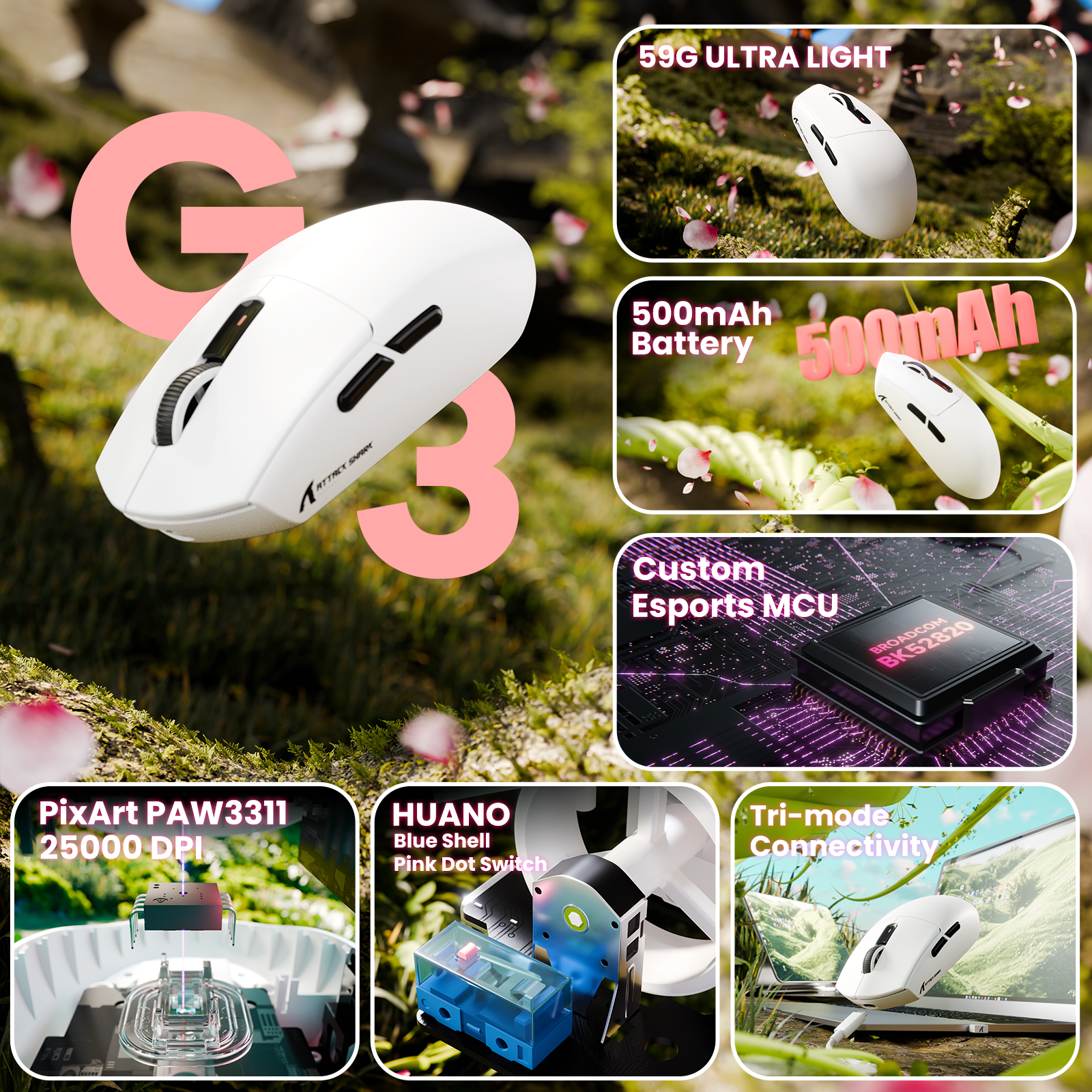 ATTACK SHARK G3 Tri-mode Wireless Gaming Mouse 25000 DPI Ultra Lightweight