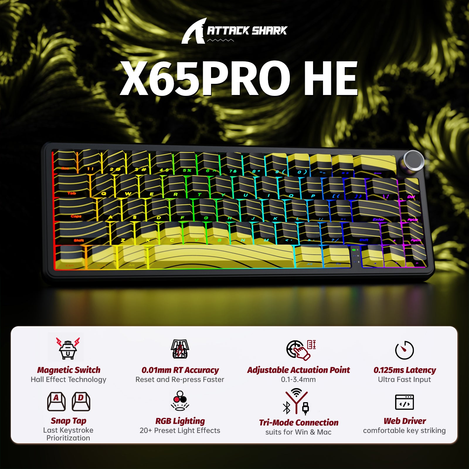 ATTACK SHARK X65PRO HE Draadloos Snelle Trigger Toetsenbord Magnetische Schakelaar
