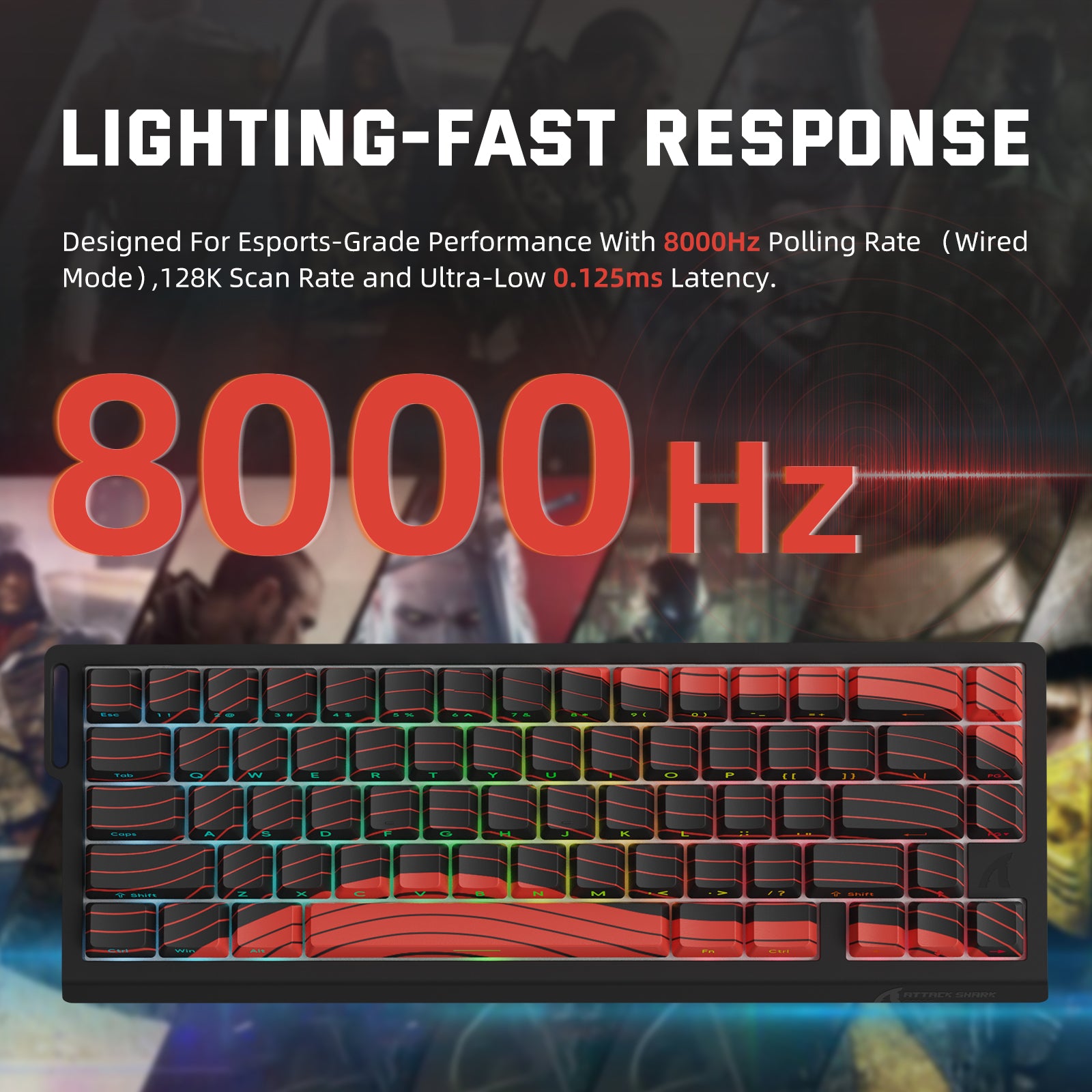 ATTACK SHARK X68PRO HE keyboard with red and black keycaps, featuring "LIGHTING-FAST RESPONSE" and "8000Hz".