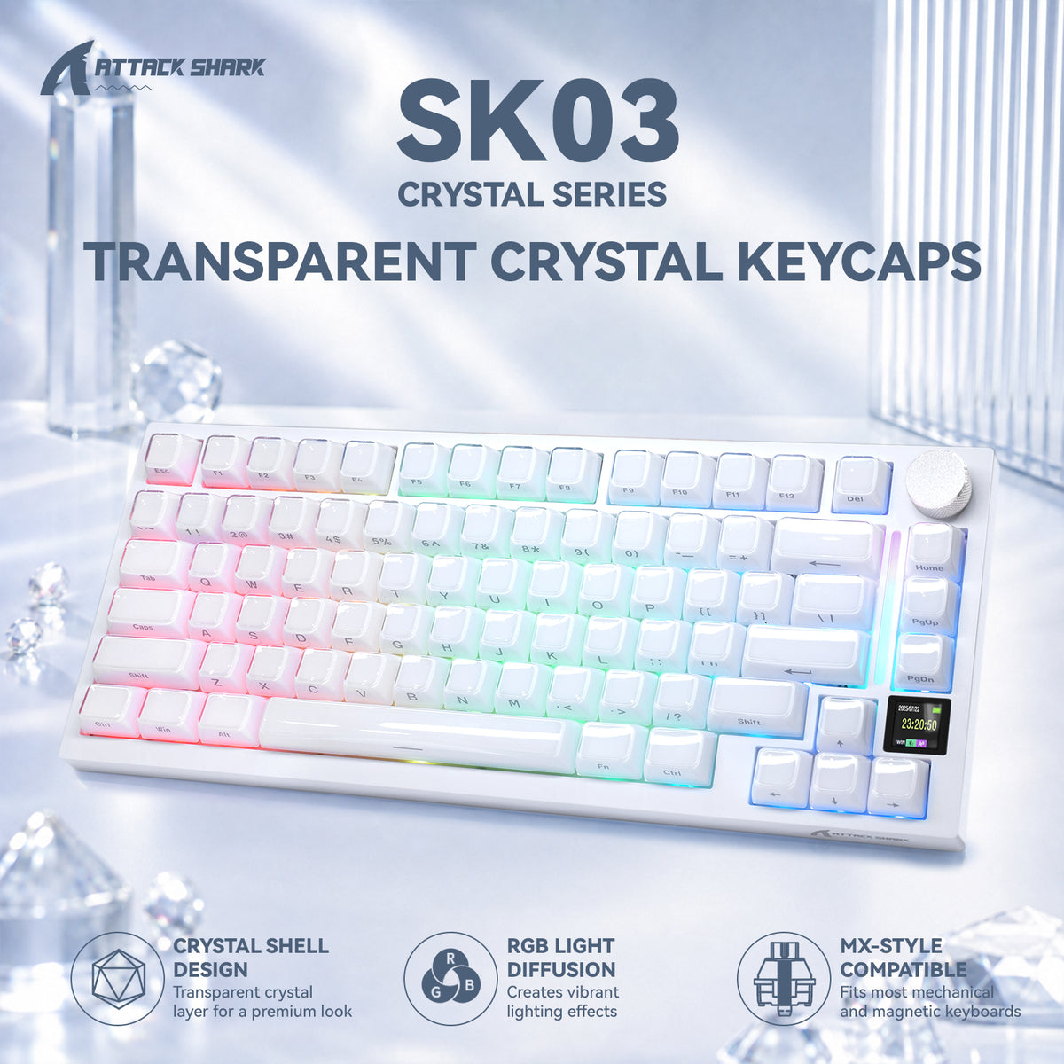 ATTACK SHARK SK03 136 toetsen, kristallen keycaps, ASA-profiel, ANSI/ISO