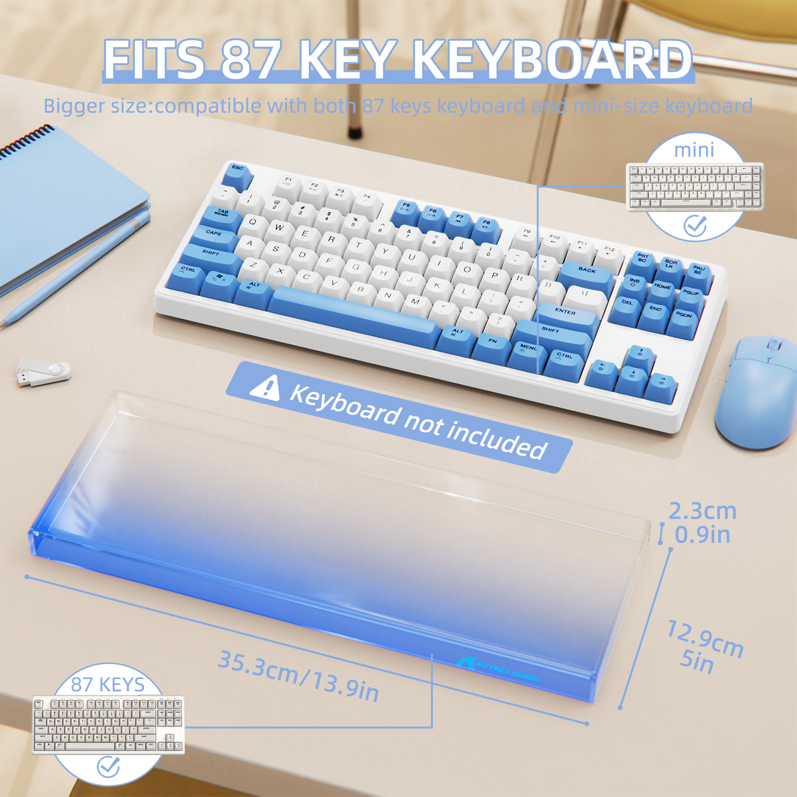 Clear acrylic dust cover for ATTACK SHARK 87 Keys Keyboard, measuring 35.3x12.9x2.3cm.