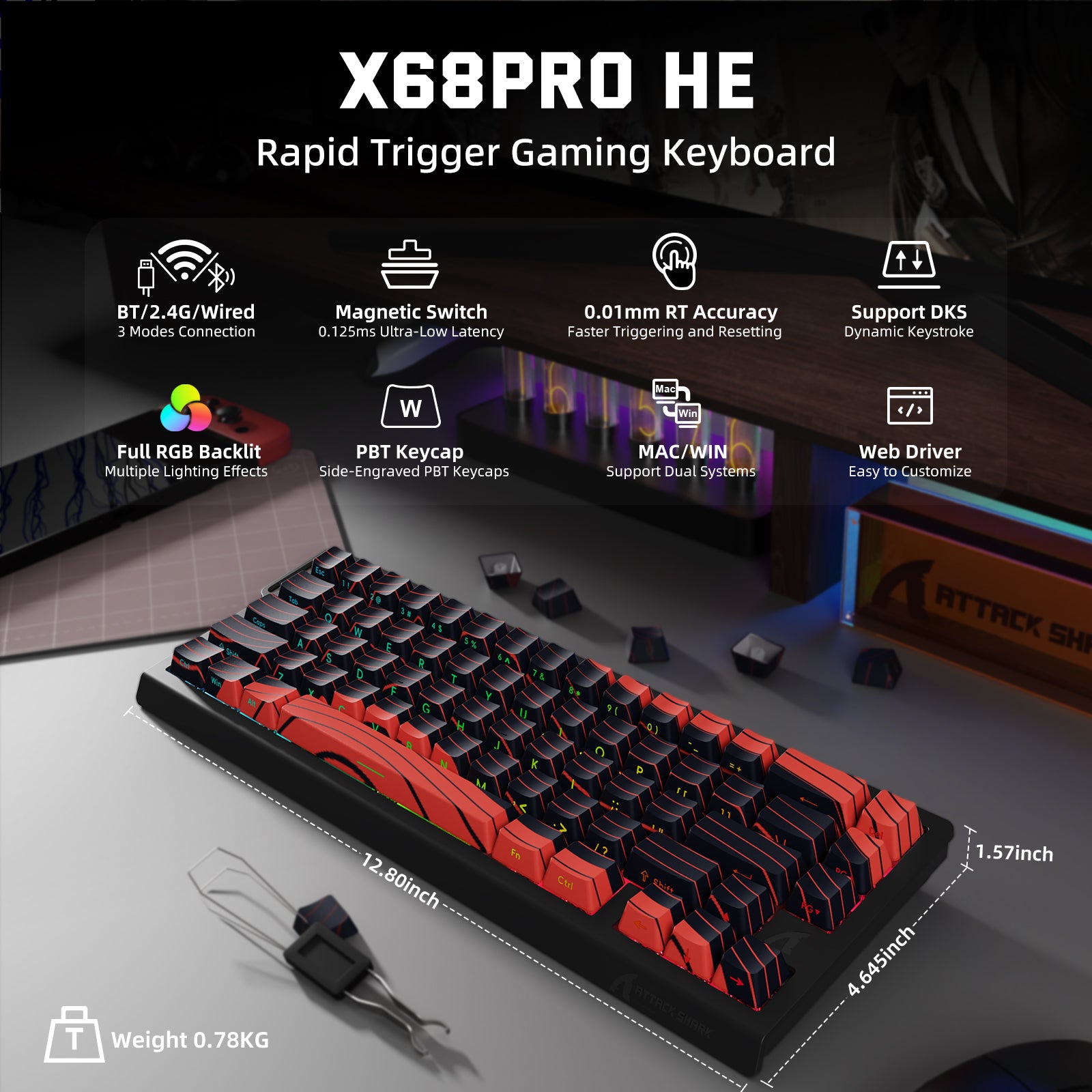 ATTACK SHARK X68PRO HE wireless gaming keyboard with red and black PBT keycaps and RGB backlighting.