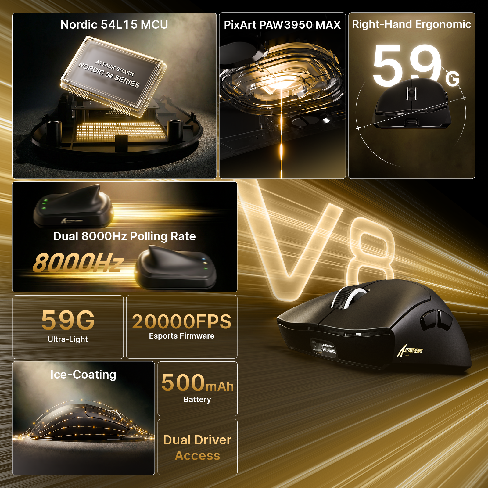 ATTACK SHARK V8 Ultra-Lichte Ergonomische Draadloze Gaming Muis