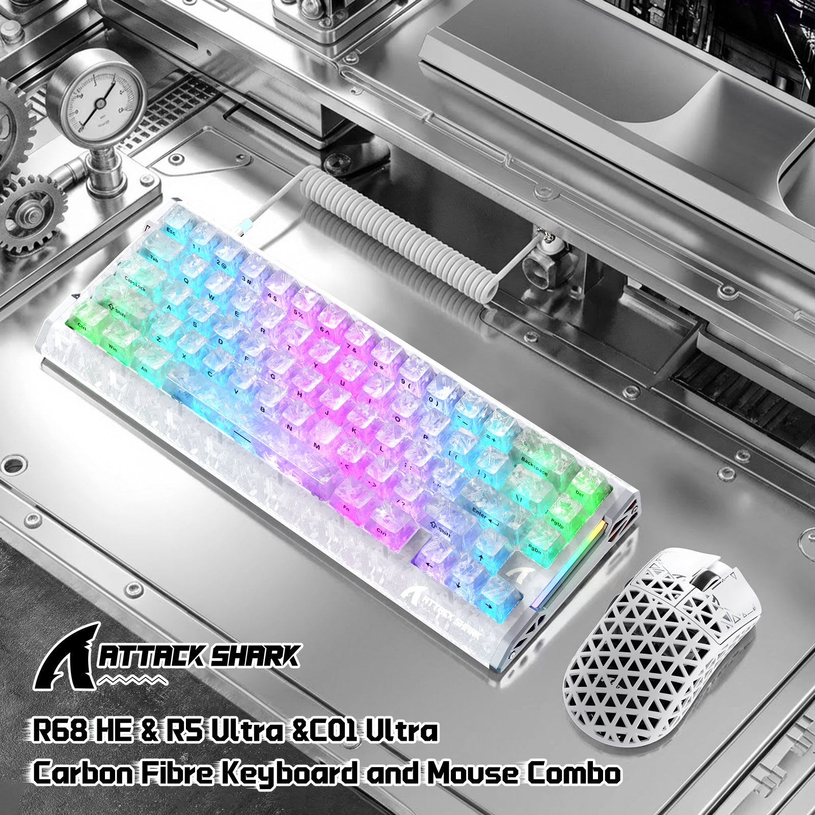 ATTACK SHARK R68 HE & R5 ULTRA Carbon Fiber Gaming Bundel met C01 ULTRA Opgerolde Kabel