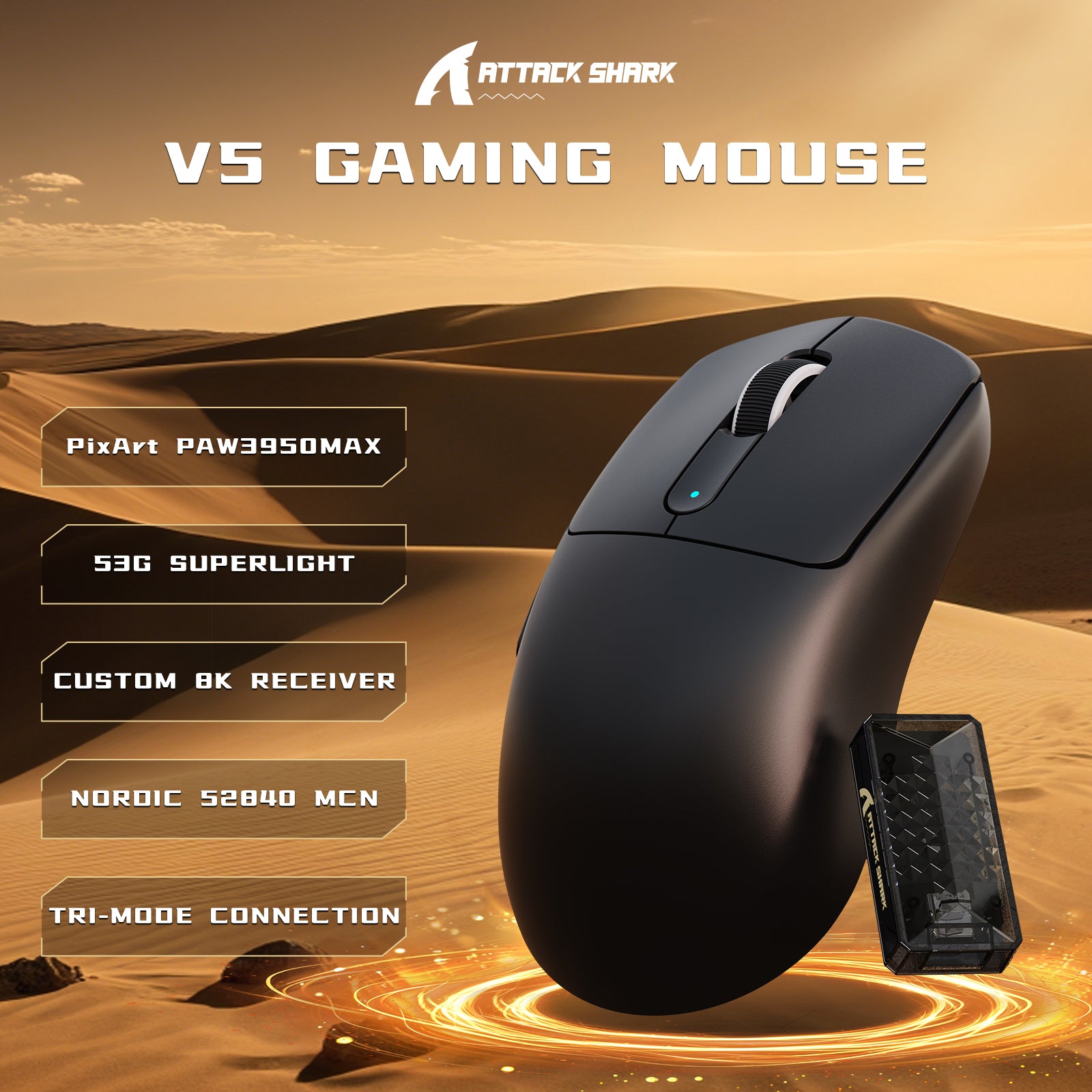 ATTACK SHARK V5 8KHz Draadloze PAW3950MAX Gaming Muis met C06 Ultra Kabel