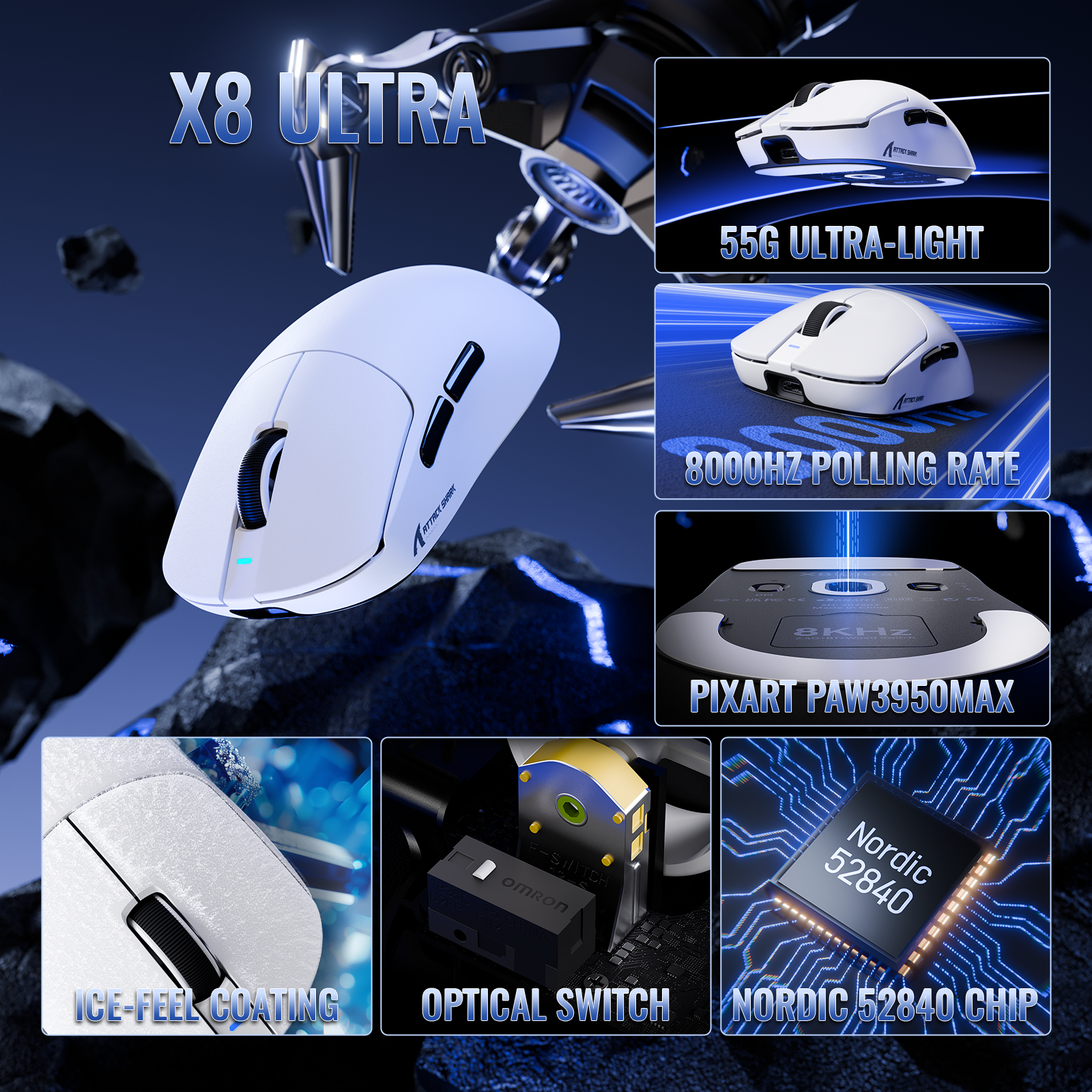 ATTACK SHARK X8 Serie Driemodi Lichtgewicht Draadloze Gaming Muis
