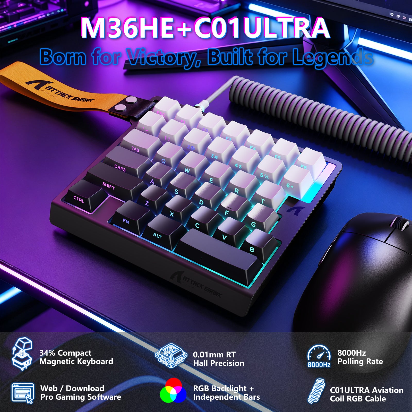 ATTACK SHARK M36 HE eenhandig magnetisch schakelkasttoetsenbord & C01 ULTRA LED Aviator-kabel