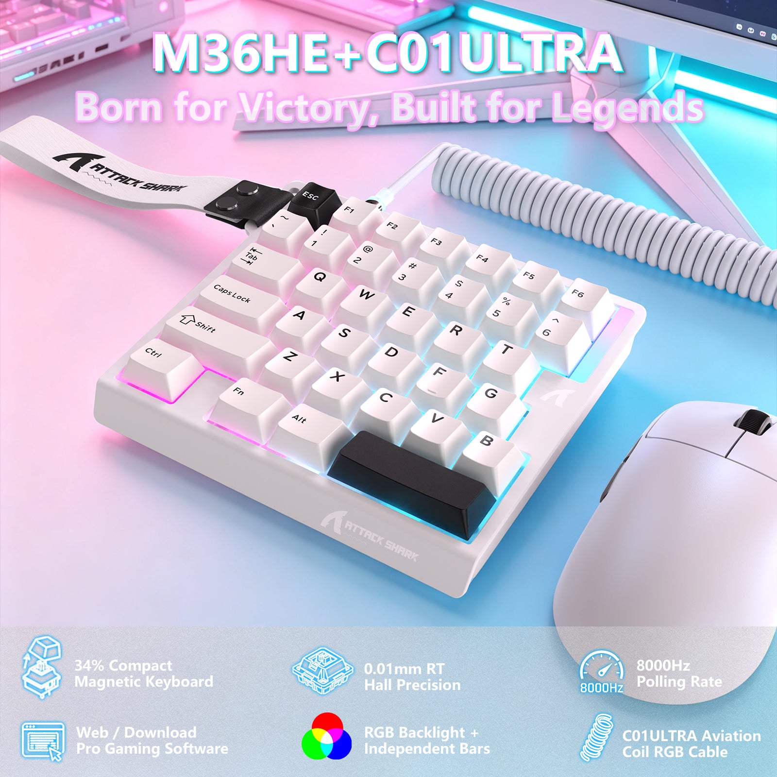 ATTACK SHARK M36 HE eenhandig magnetisch schakelkasttoetsenbord & C01 ULTRA LED Aviator-kabel