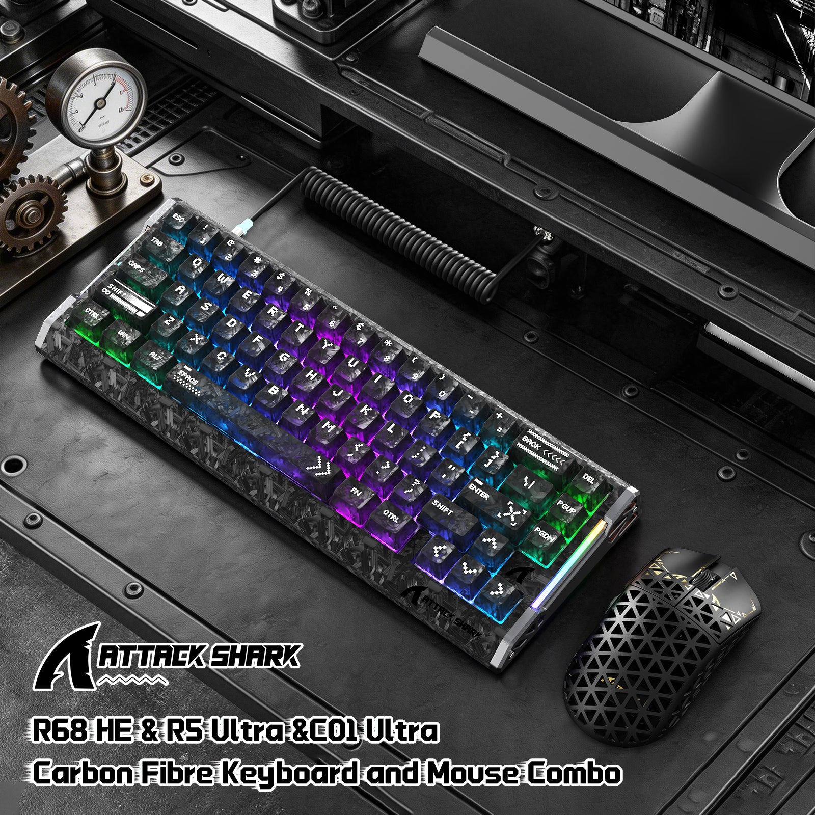ATTACK SHARK R68 HE & R5 ULTRA Carbon Fiber Gaming Bundel met C01 ULTRA Opgerolde Kabel
