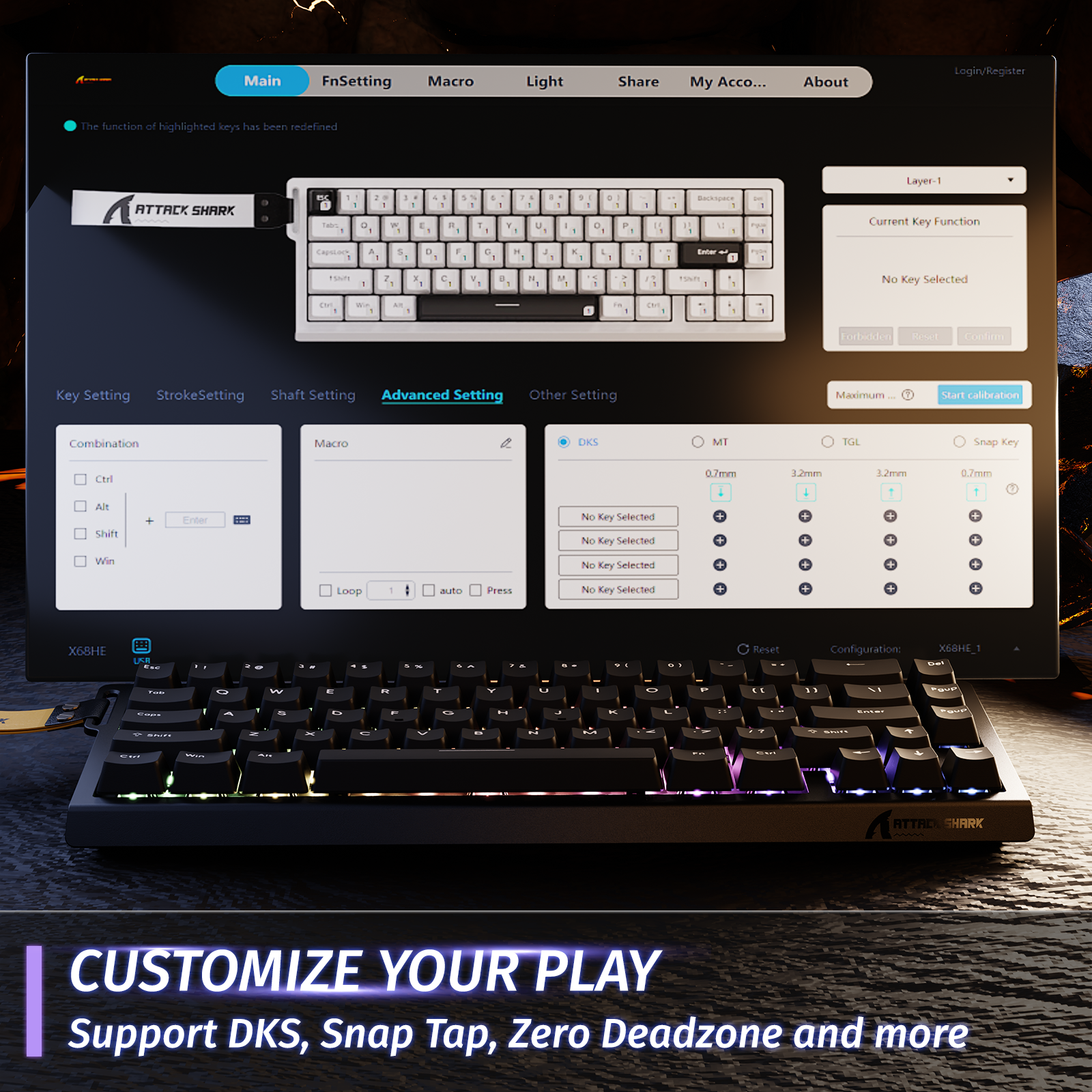 ATTACK SHARK X68 HE keyboard software interface showing advanced settings for DKS, MT, TGL, and Snap Key.
