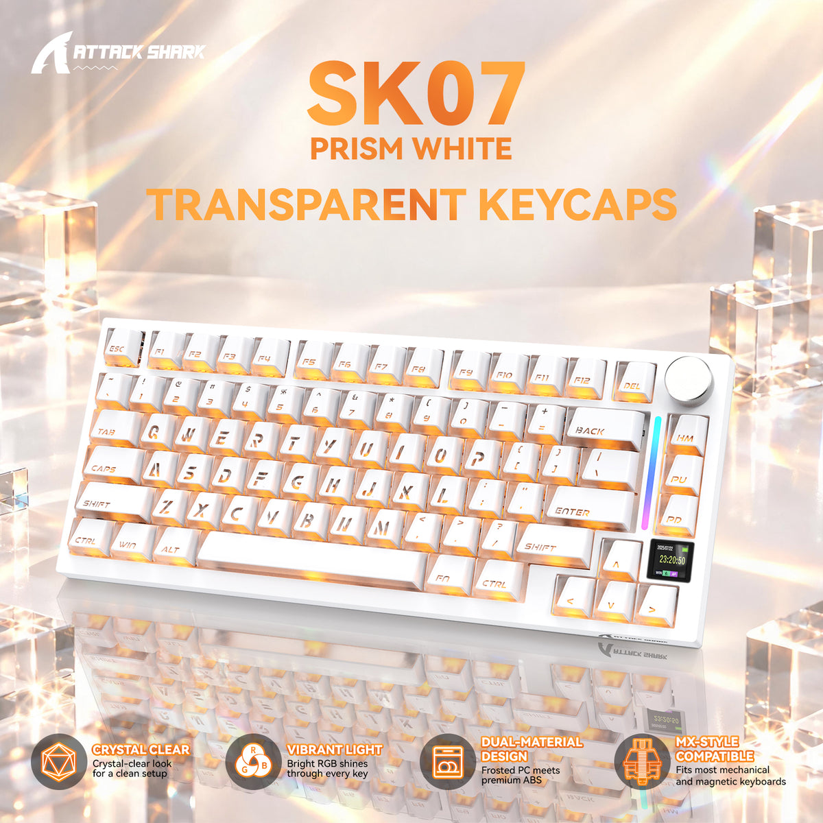 ATTACK SHARK SK07 131 toetsen Prism Shine-Through-toetskappen, ANSI, wit