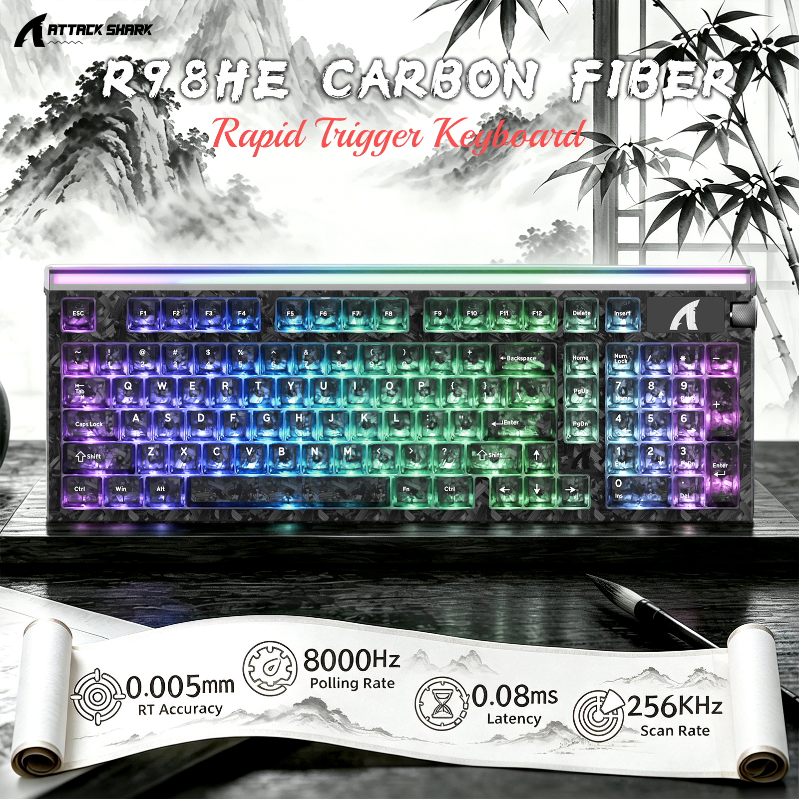 ATTACK SHARK R98 HE Carbon Fiber Bedraad Sneltoets Magnetische Schakelaar Toetsenbord Met C01 Ultra RGB Opgerolde Kabel