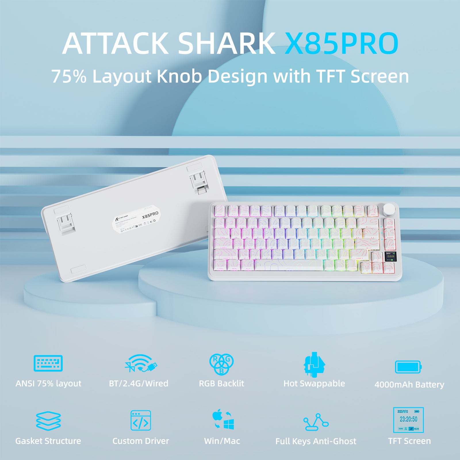 ATTACK SHARK X85PRO 75% keyboard with RGB, knob, and TFT screen. Supports BT/2.4G/Wired and hot-swappable.