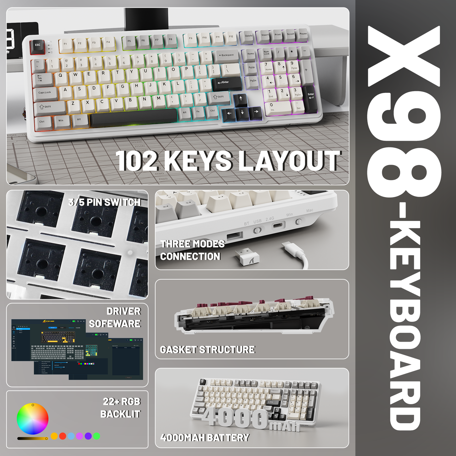 Attack Shark X98 keyboard features: 102 keys layout, RGB, gasket, and 4000mAh battery