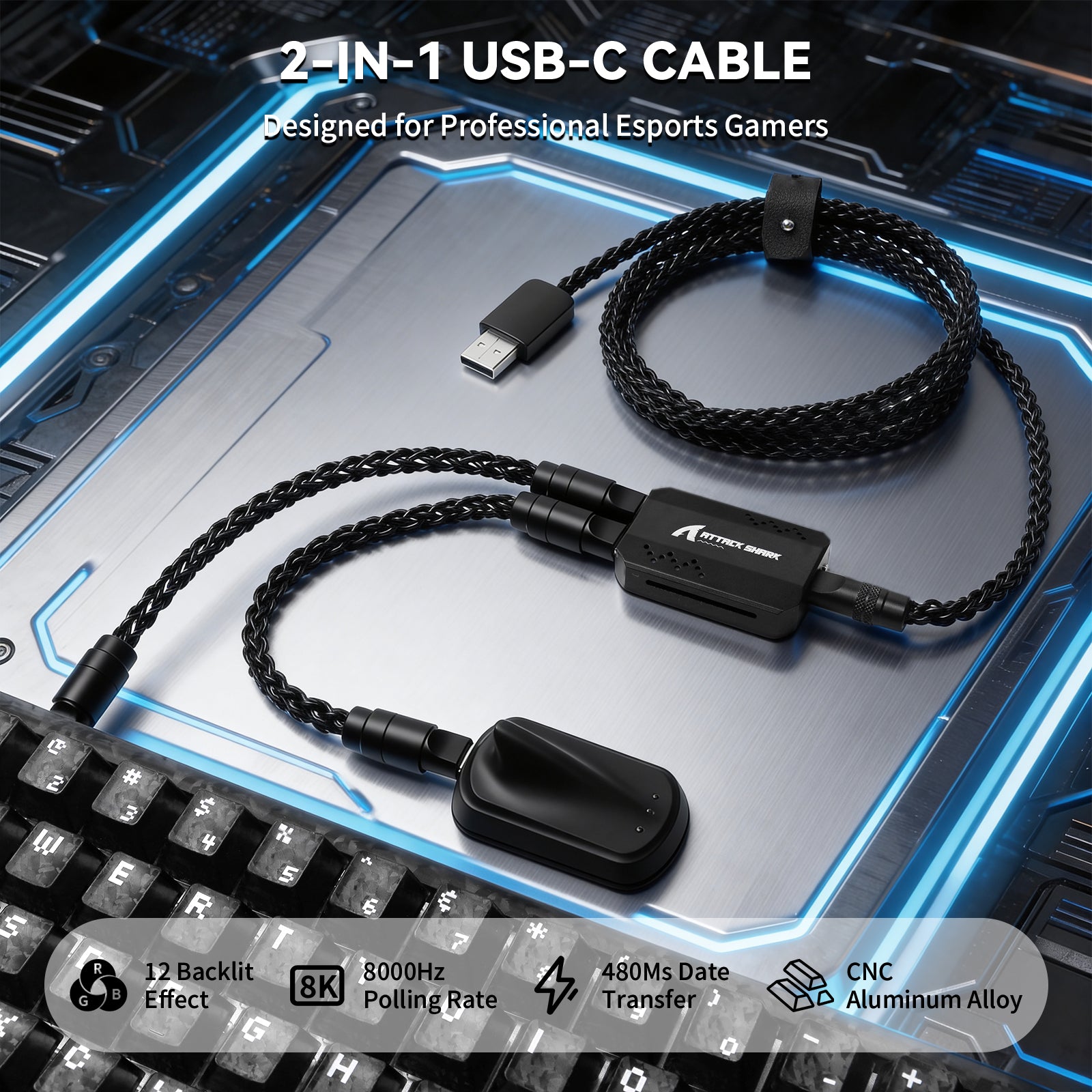 ATTACK SHARK C07 PRO 2-In-1 Type C Kabel voor 8KHz Gaming Toetsenbord/Muis
