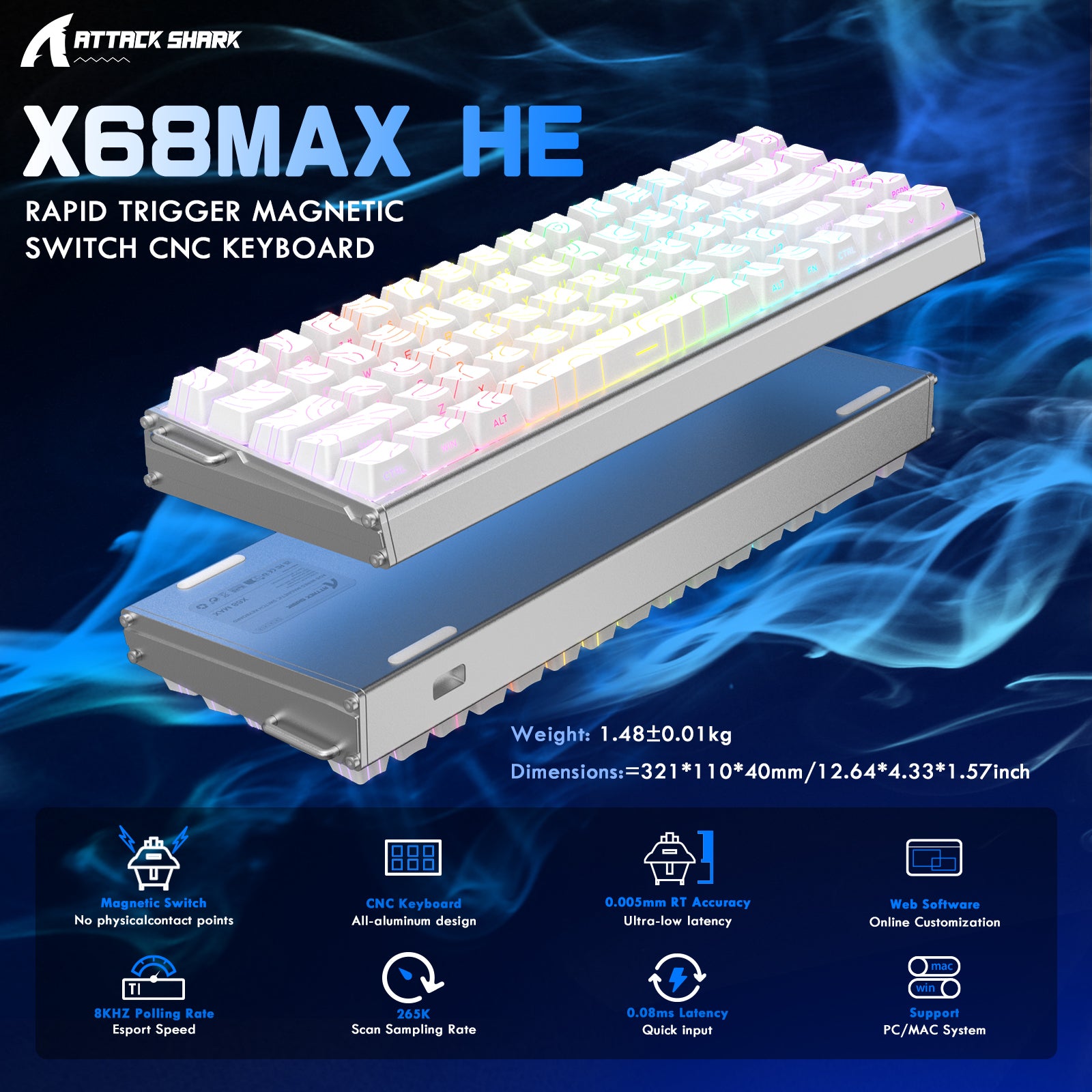 ATTACK SHARK X68MAX HE Rapid Trigger CNC Aluminium Toetsenbord Magnetische Schakelaar met C01Ultra RGB Opgerolde Kabel