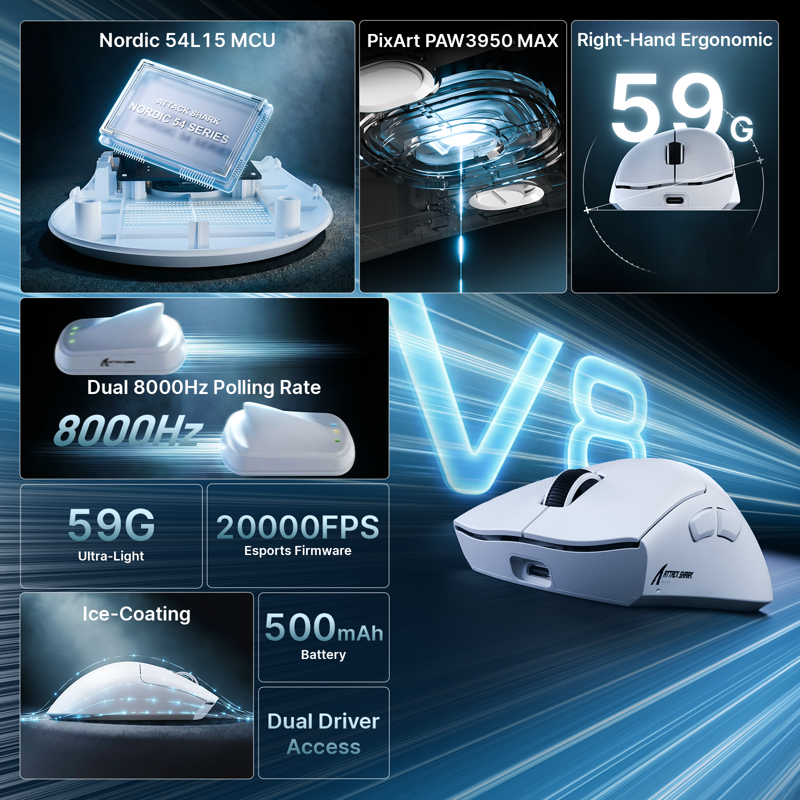 ATTACK SHARK V8 Ultra-Lichte Ergonomische Draadloze Gaming Muis
