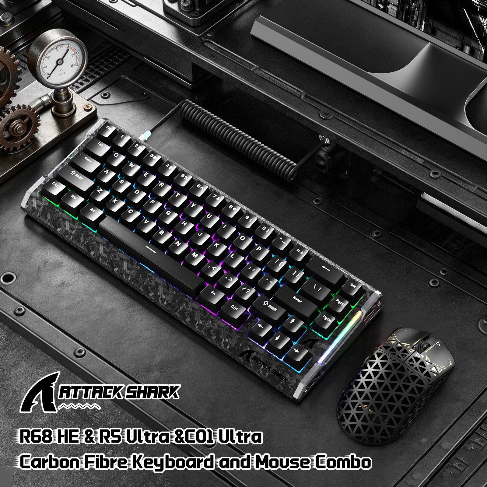 ATTACK SHARK R68 HE & R5 ULTRA Carbon Fiber Gaming Bundel met C01 ULTRA Opgerolde Kabel