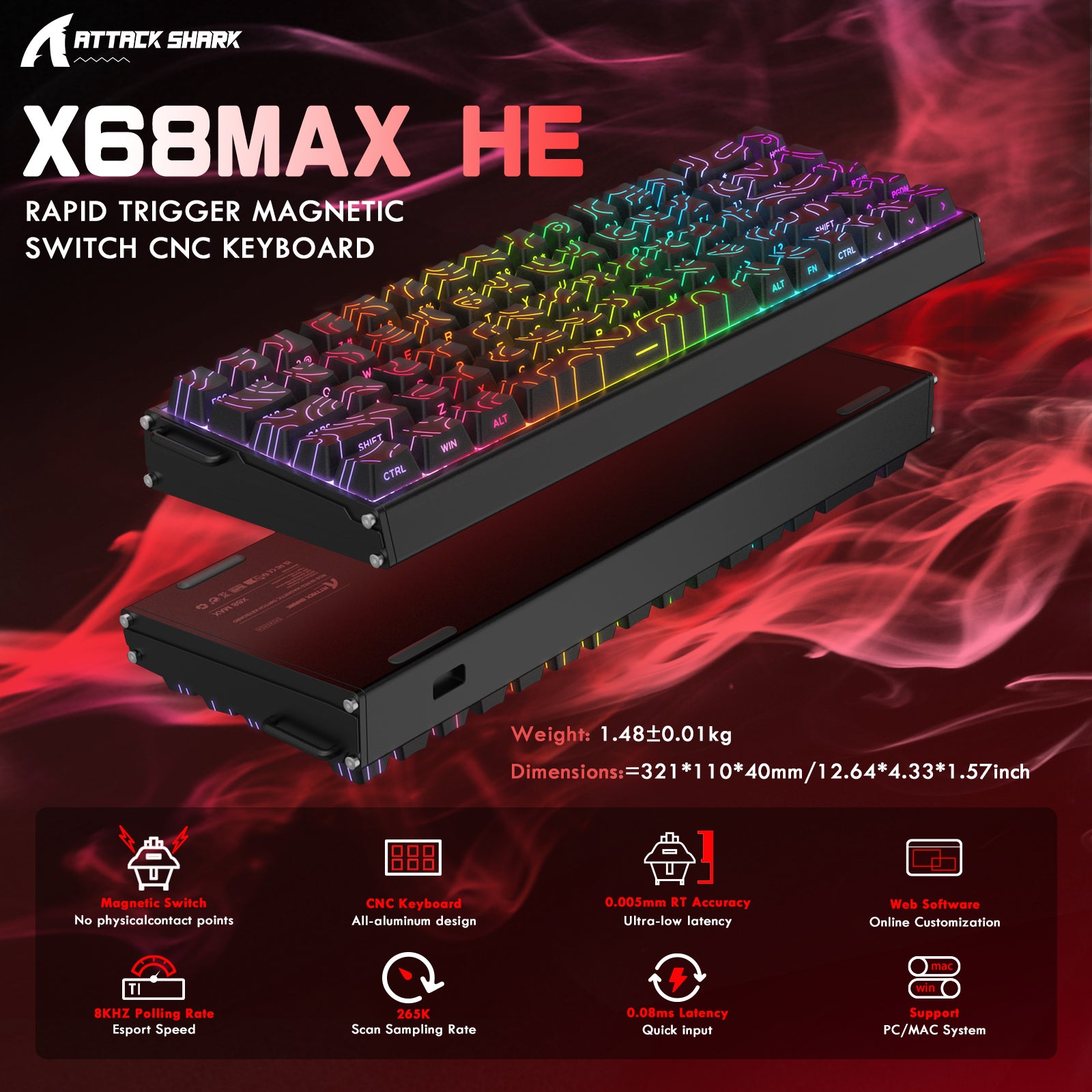 ATTACK SHARK X68MAX HE Rapid Trigger CNC Aluminium Toetsenbord Magnetische Schakelaar met C01Ultra RGB Opgerolde Kabel