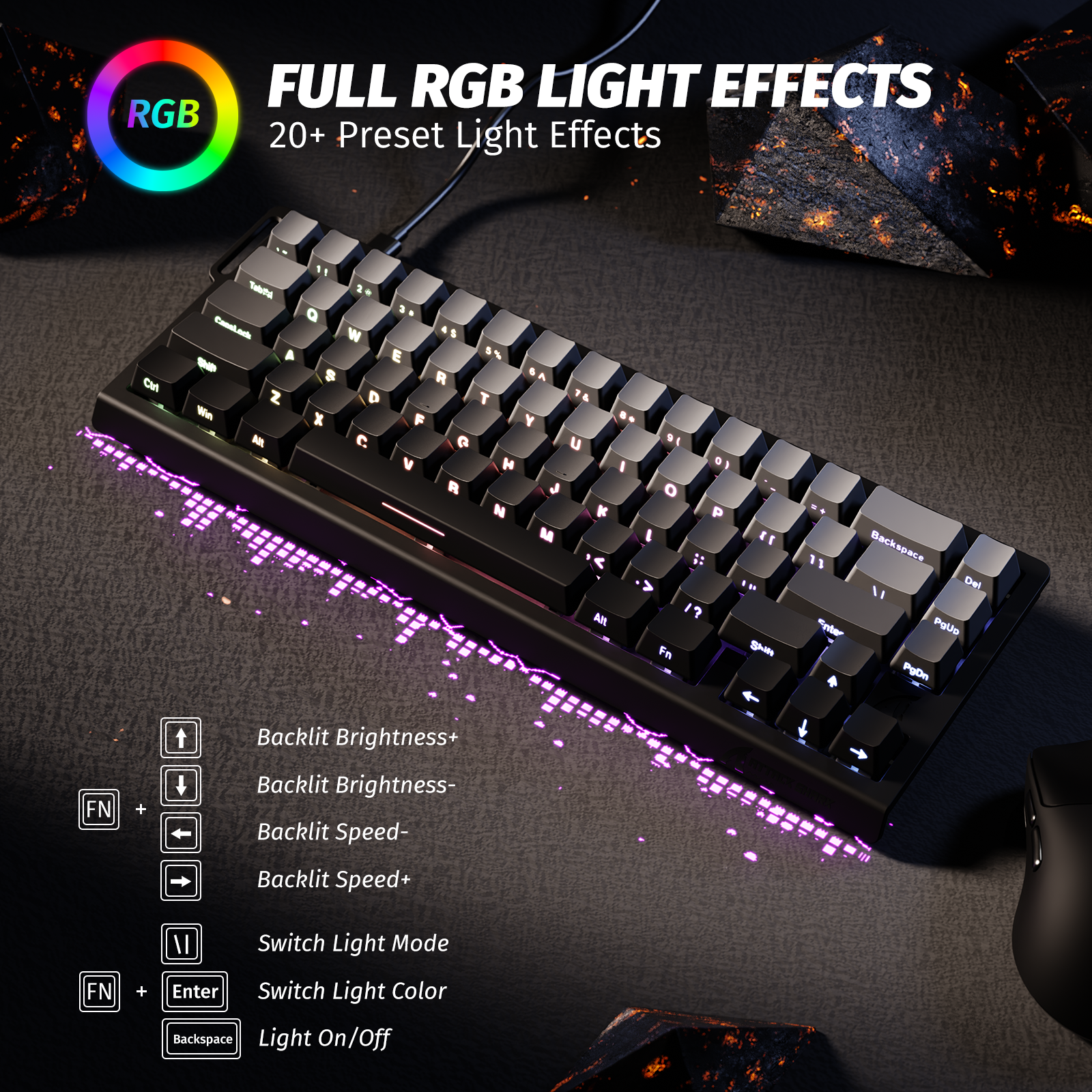 ATTACK SHARK X68 HE keyboard with dynamic RGB lighting, offering 20+ preset effects for a customizable experience.