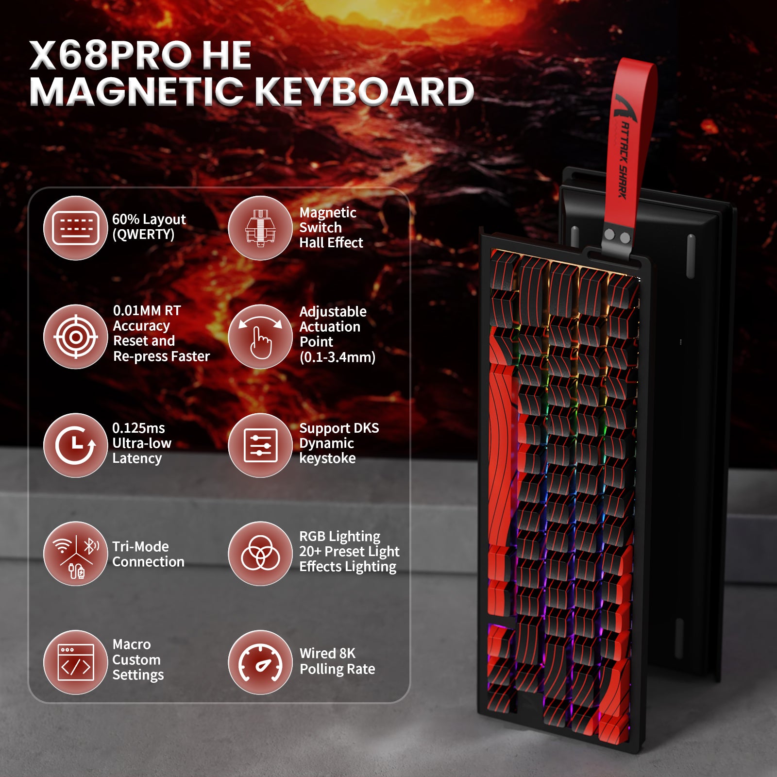 ATTACK SHARK X68PRO HE wireless keyboard with magnetic switches, 60% layout, and customizable RGB lighting.