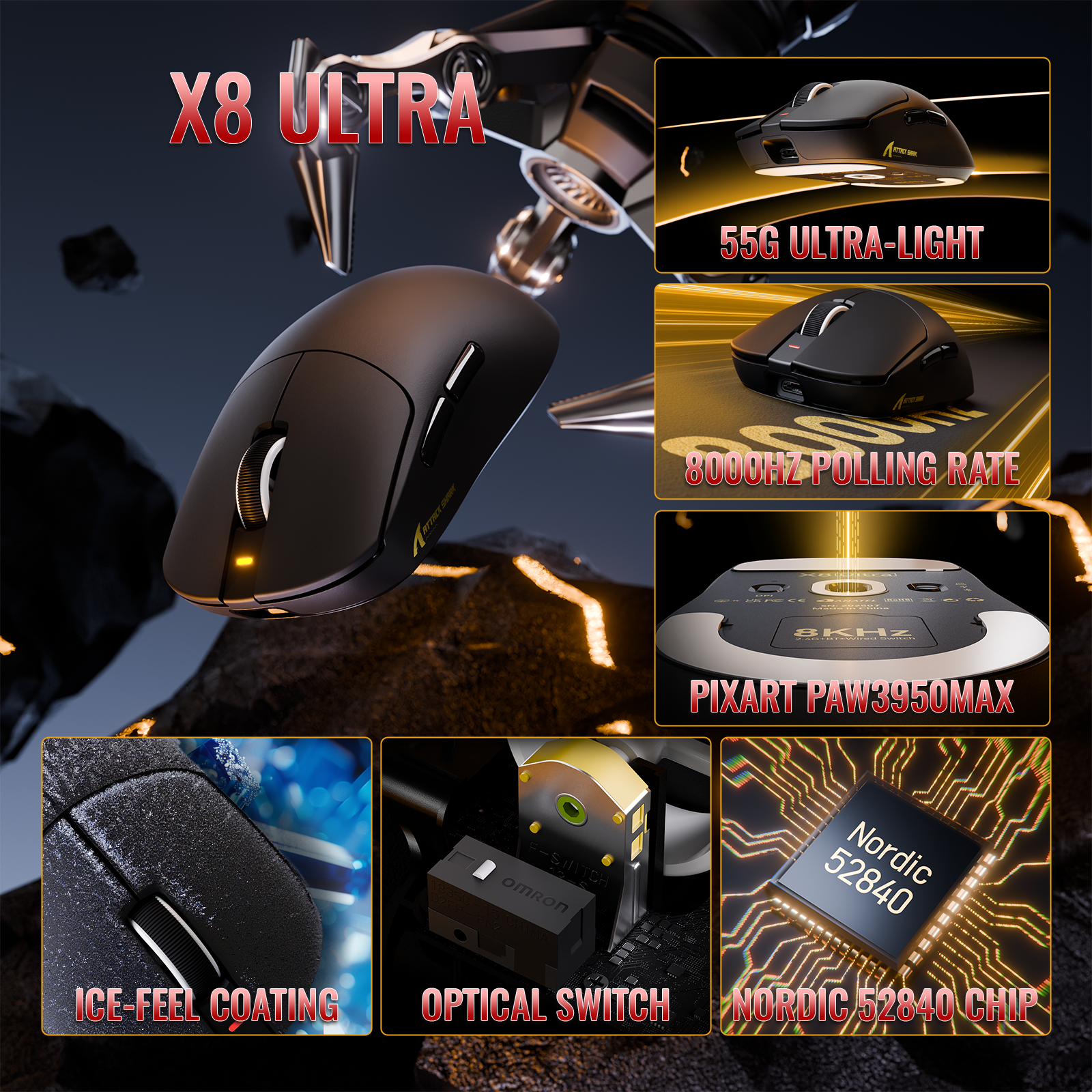 ATTACK SHARK X8 Serie Driemodi Lichtgewicht Draadloze Gaming Muis