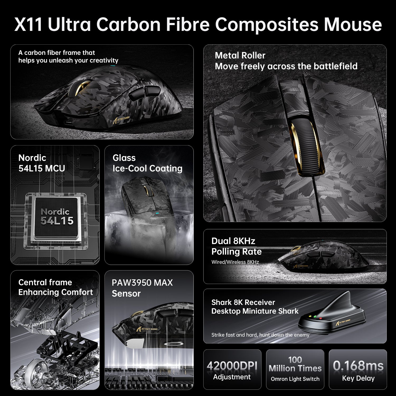 ATTACK SHARK X11 ULTRA gaming mouse: carbon fiber, 8K wireless, gold accents, PAW3950MAX sensor.