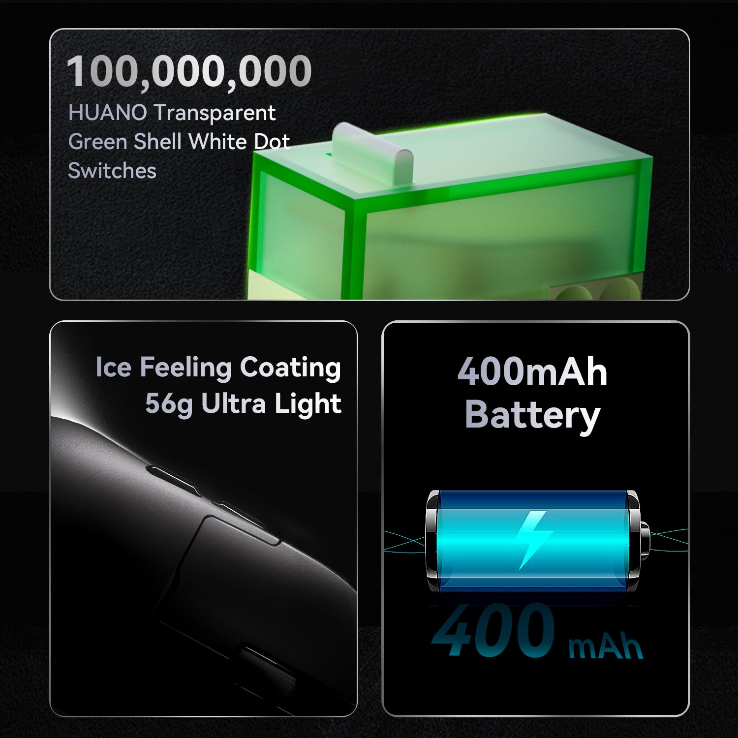 ATTACK SHARK AJ159 gaming mouse: 100M HUANO switches, 56g lightweight ice-feel coating, 400mAh battery.