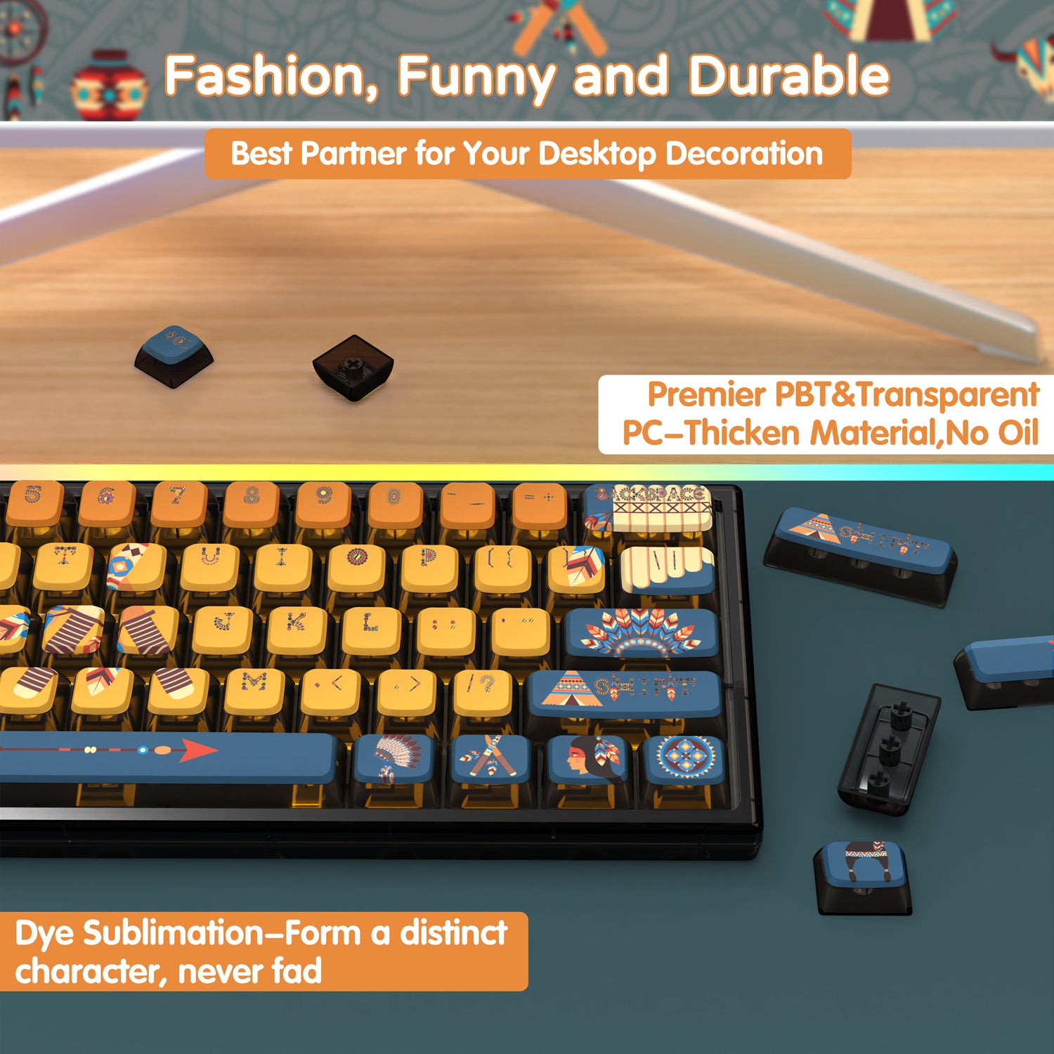 ATTACK SHARK 120 Keys PBT Dye-Sublimation Pudding Keycaps Set with vibrant tribal patterns.