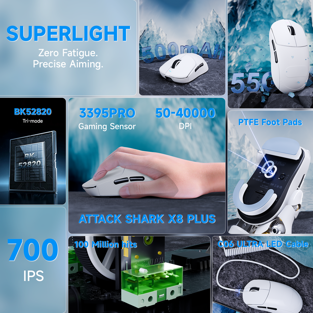 ATTACK SHARK X8 PLUS draadloze gamingmuis met drie modi en C06 ULTRA-kabel