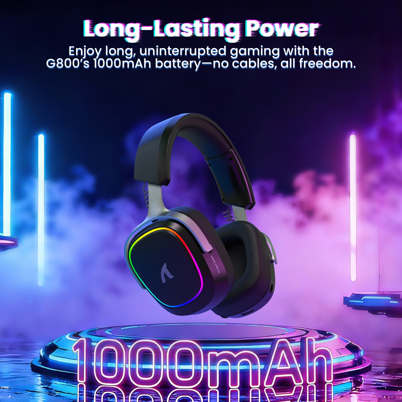 Promotional image for G800 headset highlighting long-lasting 1000mAh battery for uninterrupted wireless gaming