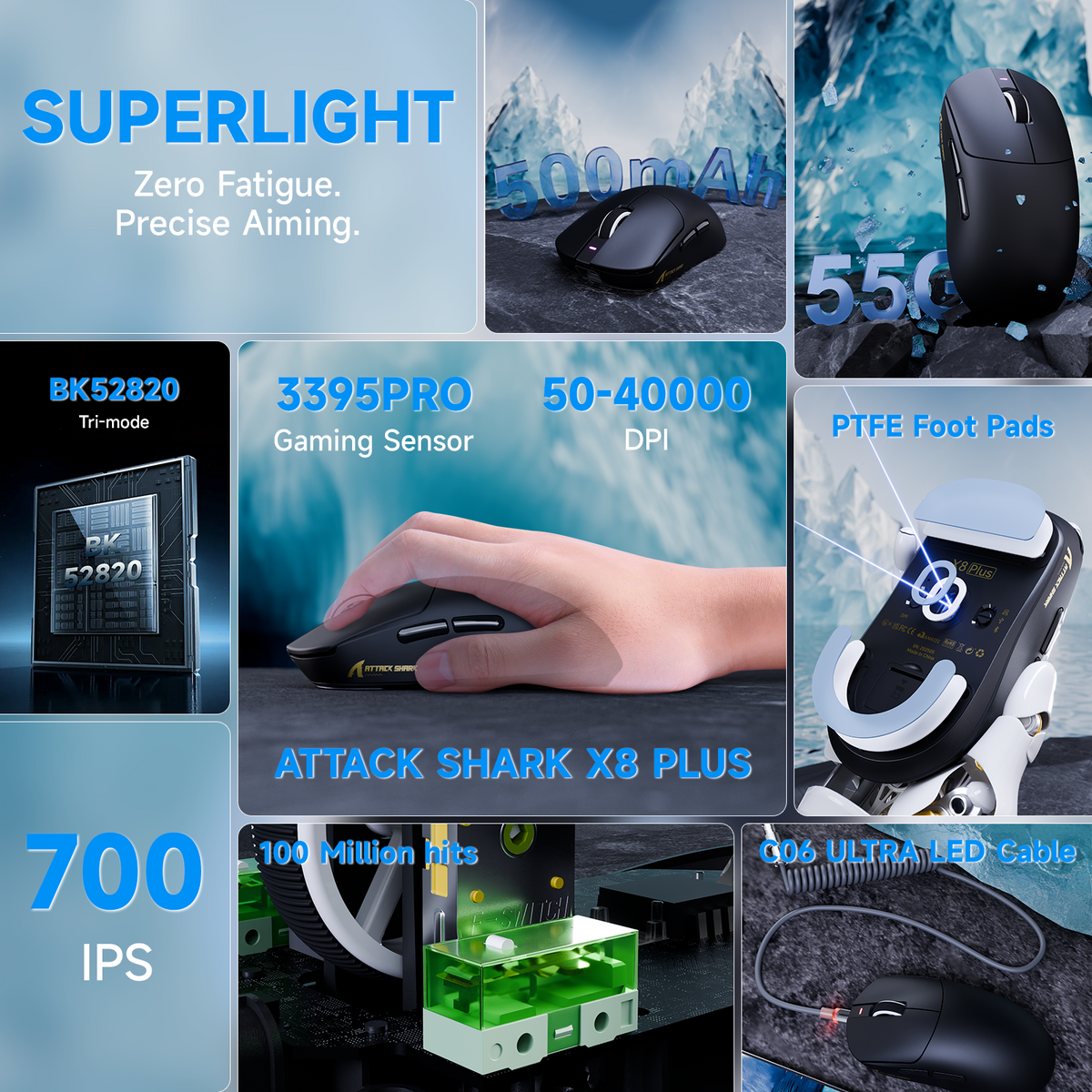 ATTACK SHARK X8 PLUS draadloze gamingmuis met drie modi en C06 ULTRA-kabel