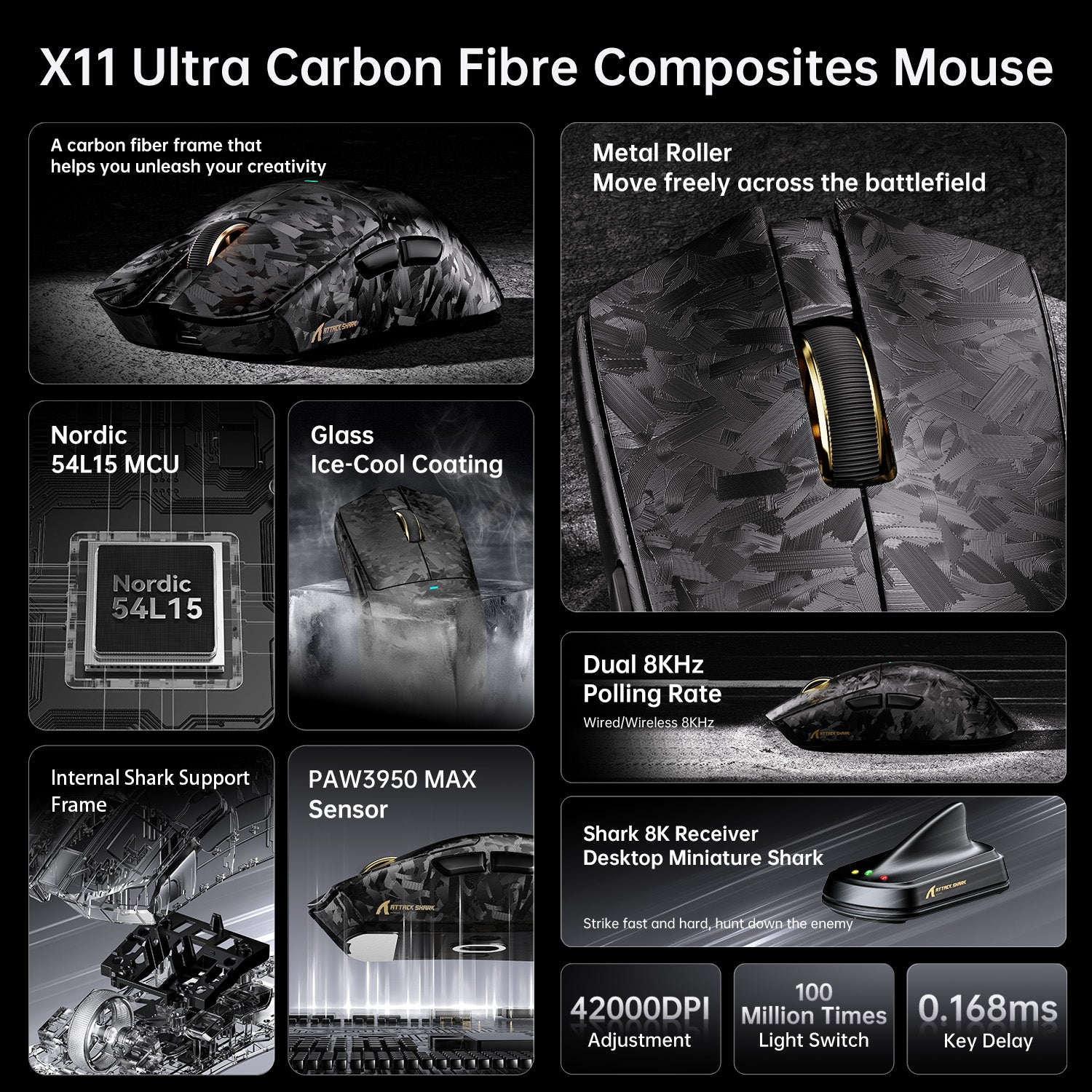 ATTACK SHARK X11 ULTRA Carbon Fiber Draadloze 8K PAW3950MAX Gaming Muis