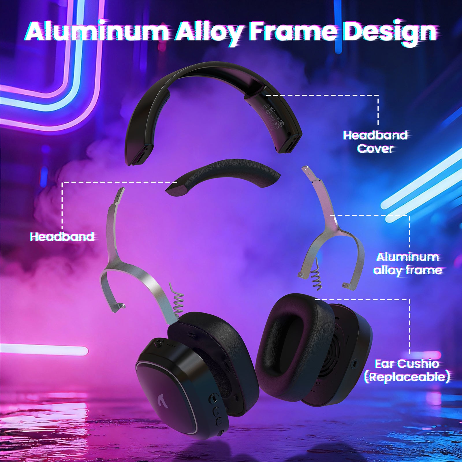 Diagram of aluminum alloy frame headset design with headband cover, headband, and replaceable ear cushions.