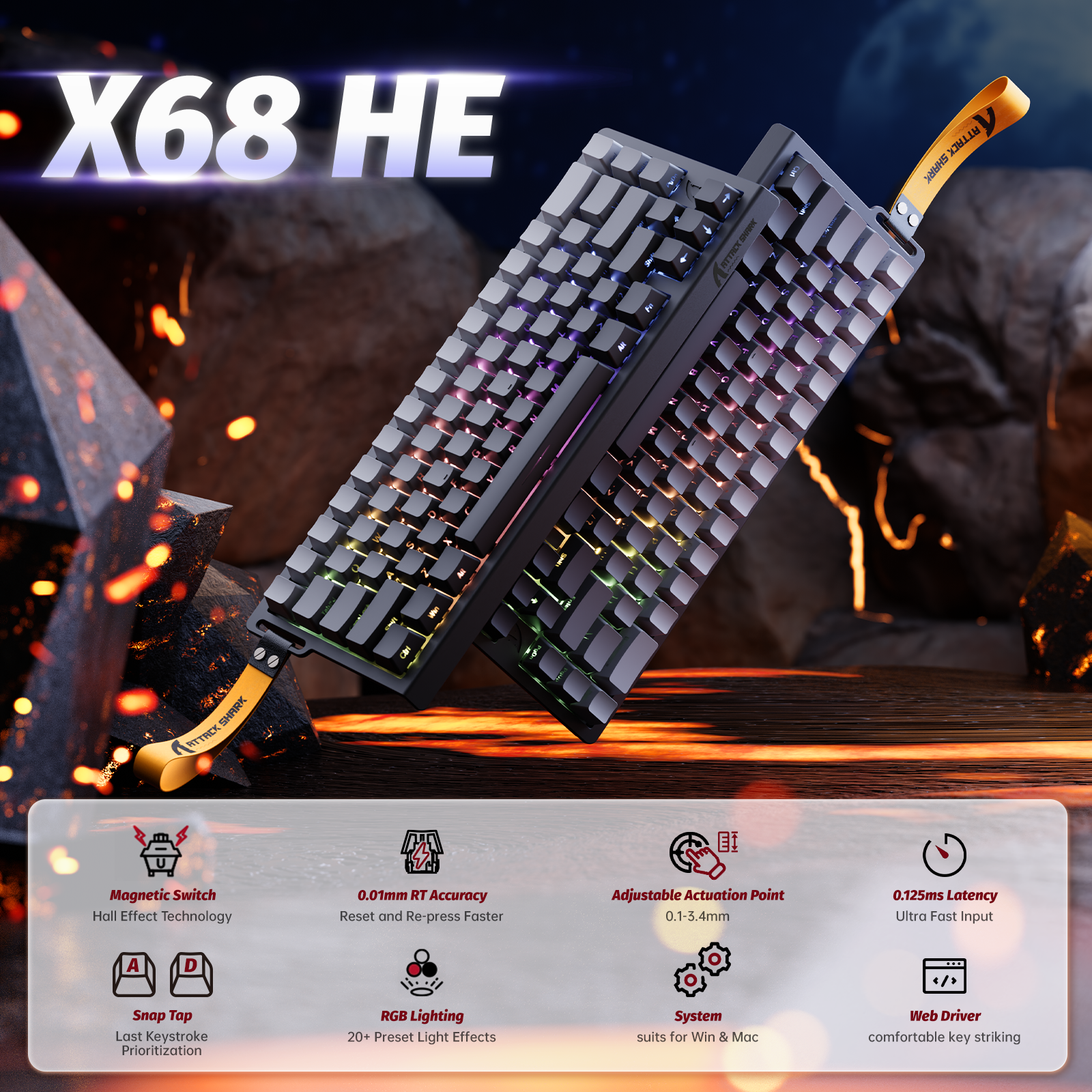 Attack Shark X68 HE keyboard - Key features, RGB, and Magnetic Switch.