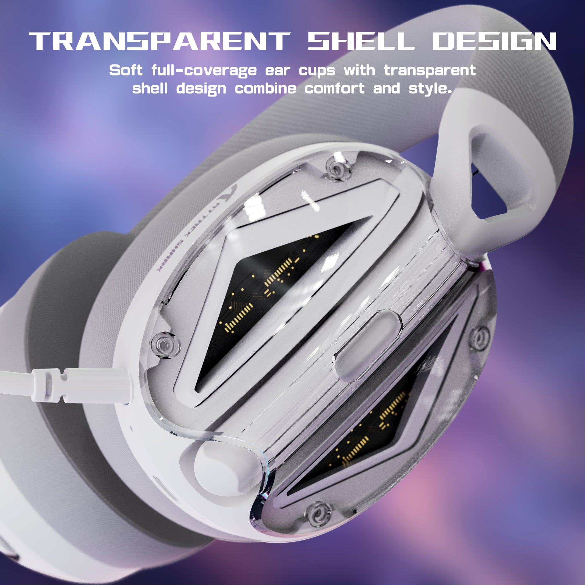 ATTACK SHARK L60 headset with transparent shell revealing internal circuitry and soft earcups.