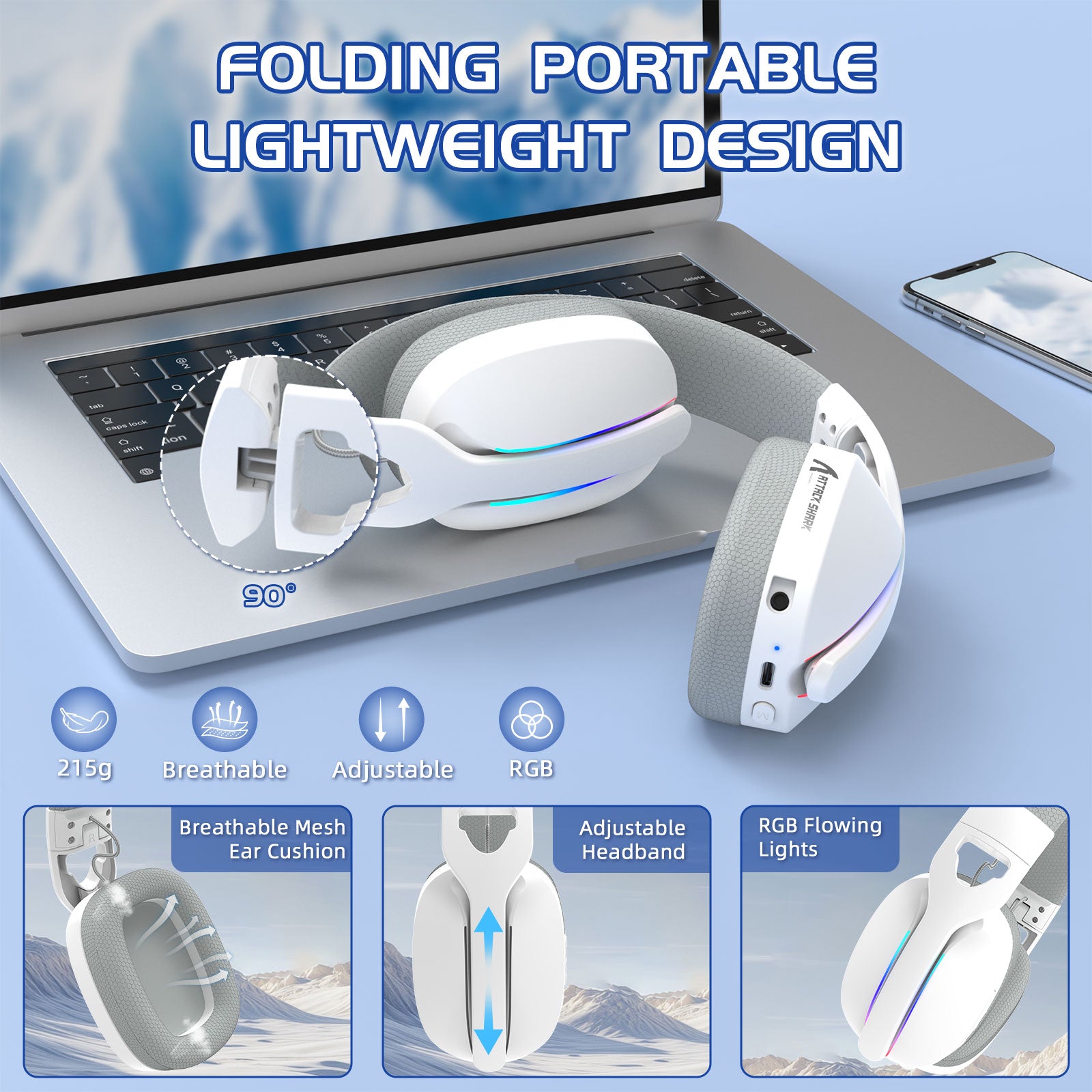 ATTACK SHARK L90 Opvouwbare RGB Ultra-Lichte Tri-Modus Gaming Headset