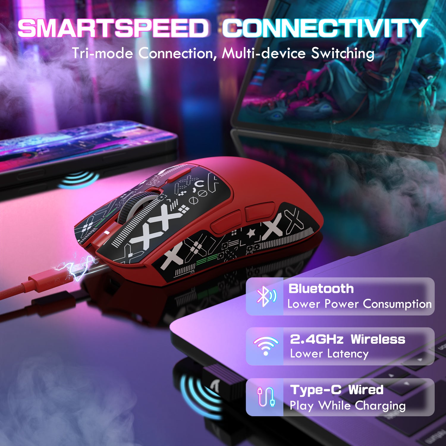 ATTACK SHARK X1 white tri-mode gaming mouse with RGB magnetic charging dock