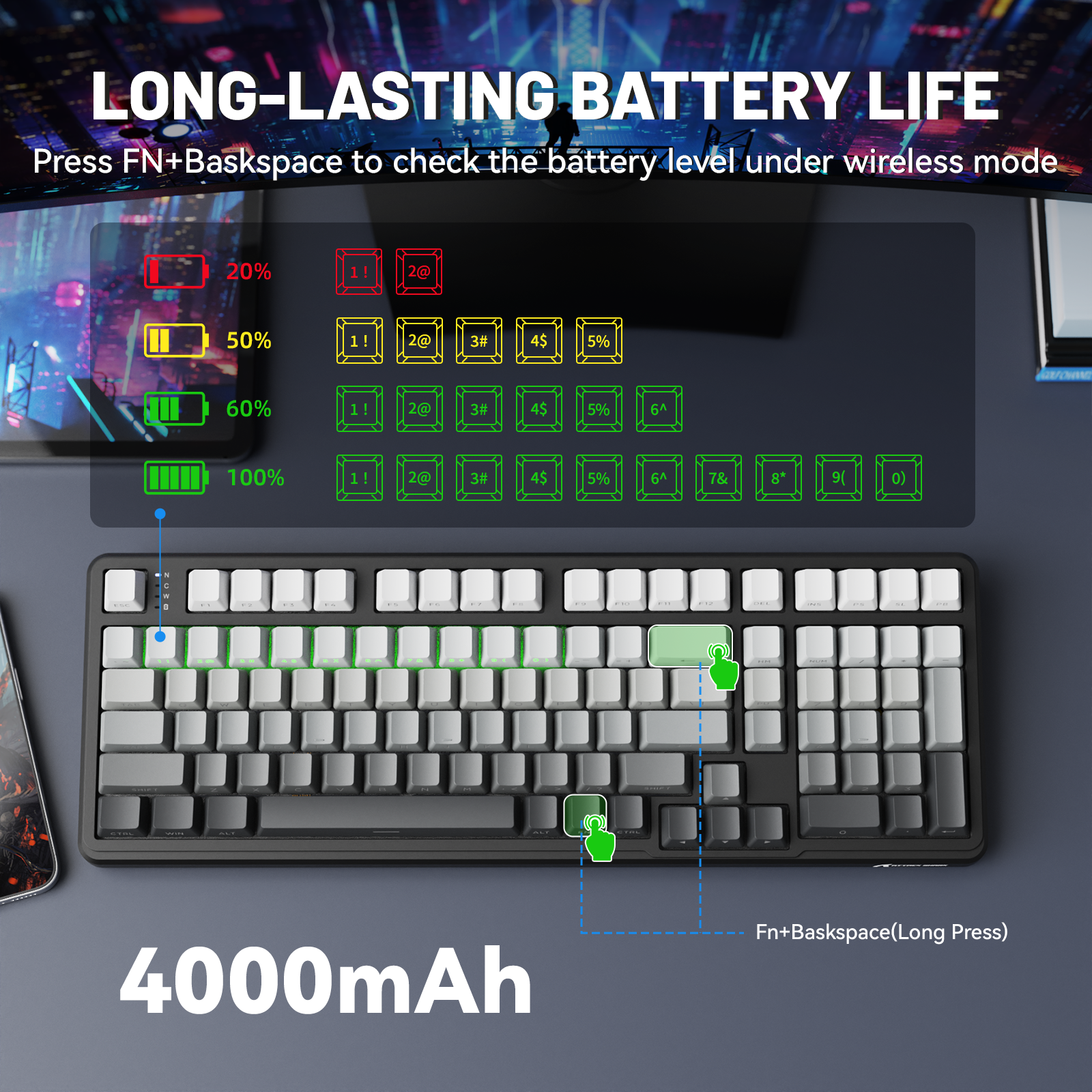 ATTACK SHARK X98 wireless mechanical keyboard shows 4000mAh battery life indicator and key combinations for checking battery.
