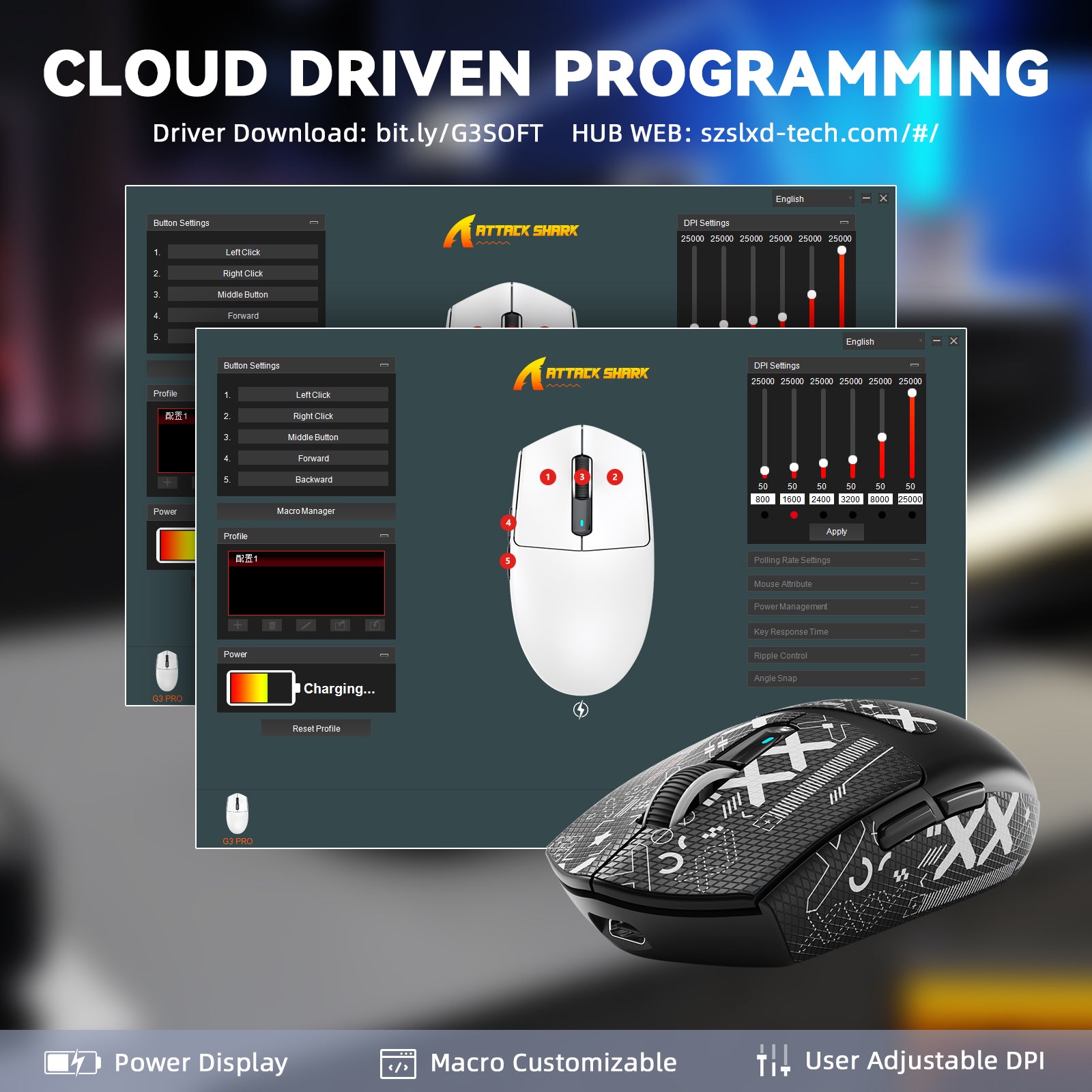 ATTACK SHARK G3PRO Tri-mode Draadloze Gaming Muis met Oplaad Dock 25000 DPI Ultra Lichtgewicht