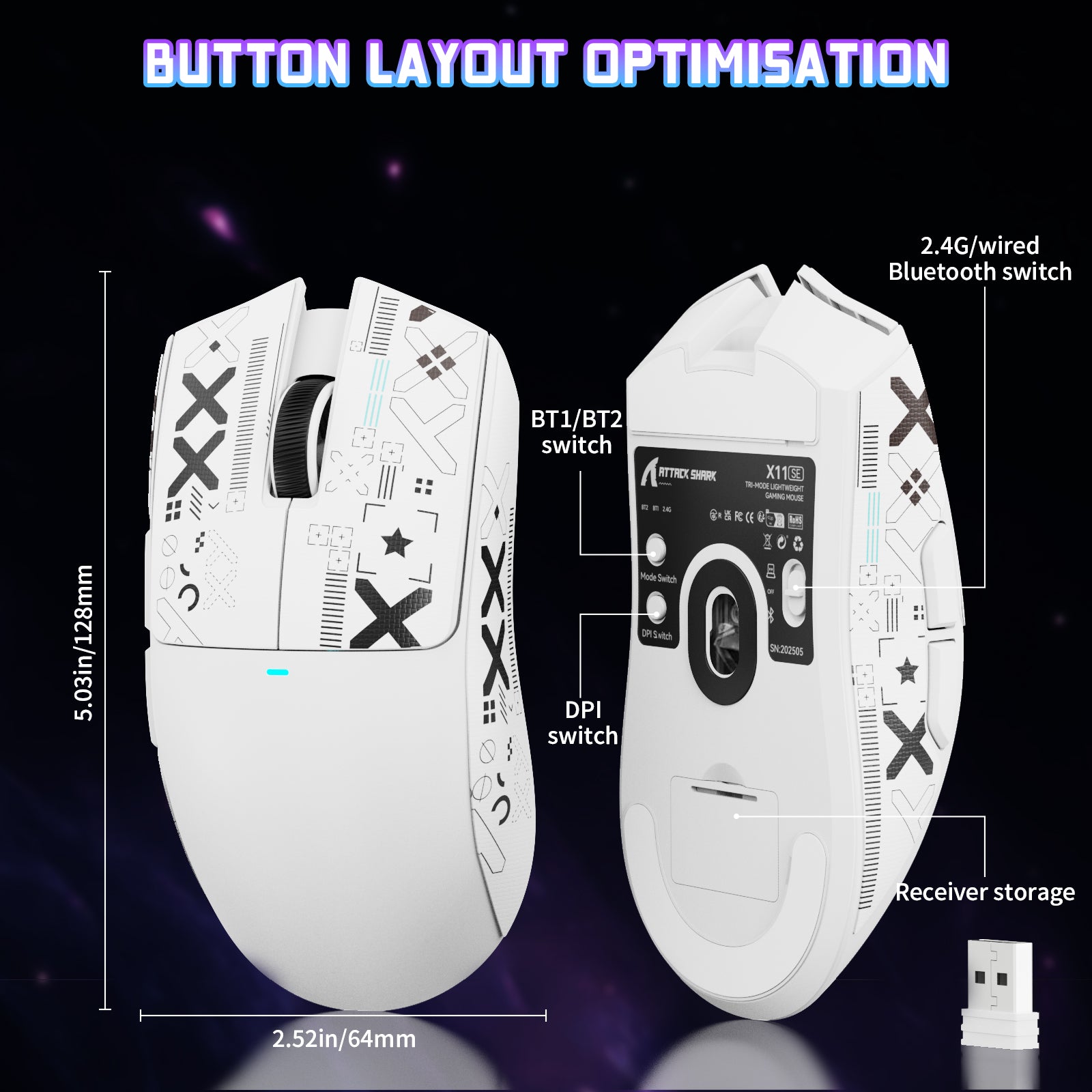 ATTACK SHARK X11SE Gaming Mouse - Button layout, 2.4G/Bluetooth switch details, white