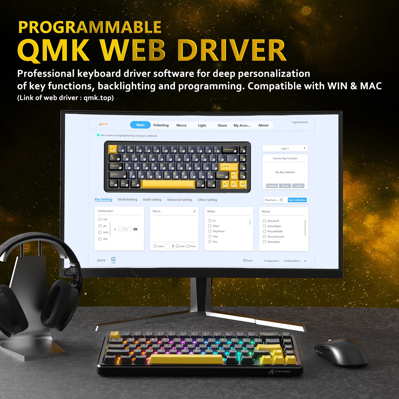 ATTACK SHARK X65 HE keyboard QMK driver software interface, customizing key functions and RGB backlighting.