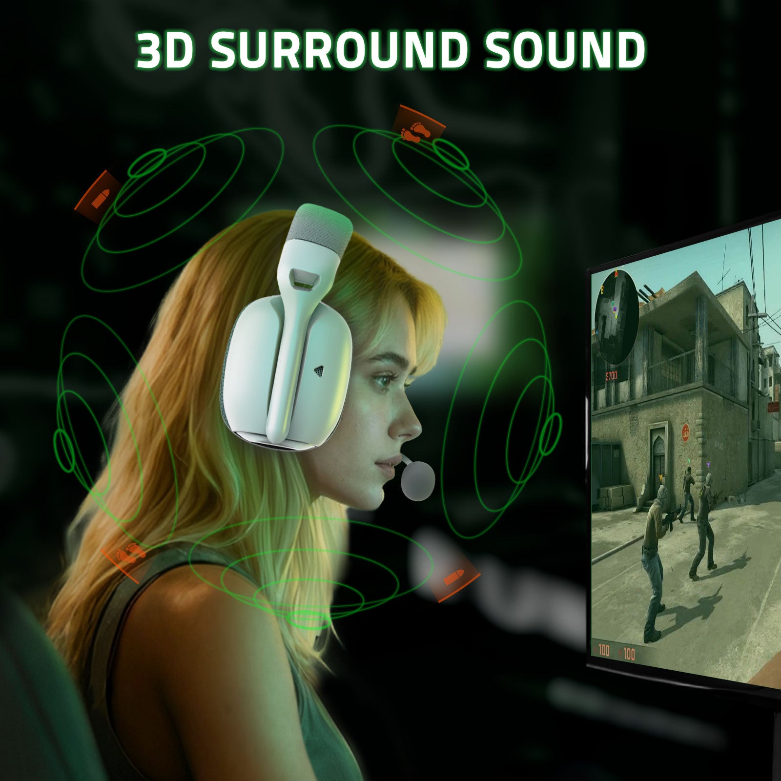 ATTACK SHARK L80PRO wireless gaming headset with 3D surround sound visualized around a woman's head.