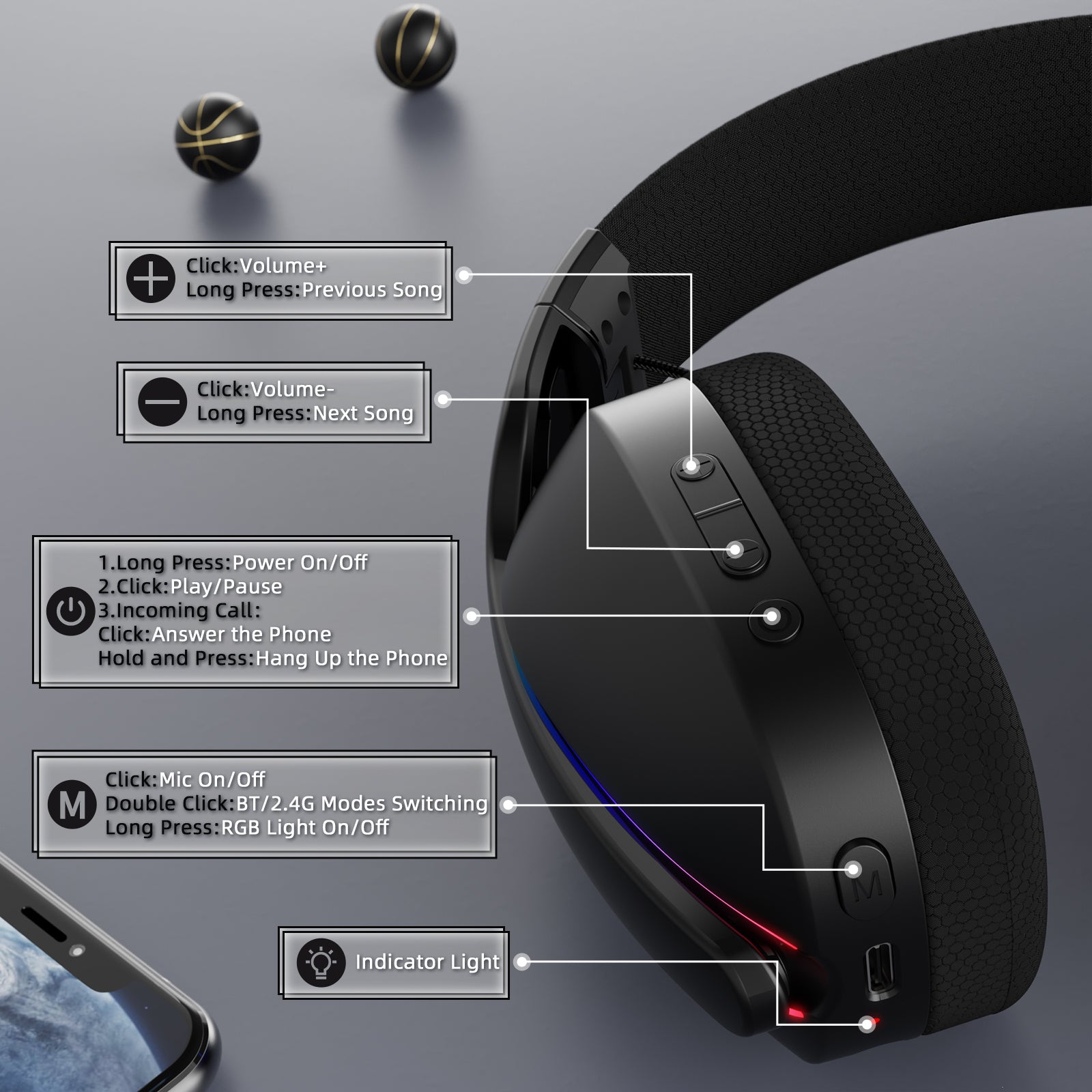 ATTACK SHARK L90 headset control overview: volume, power, mic, RGB lighting, and modes.
