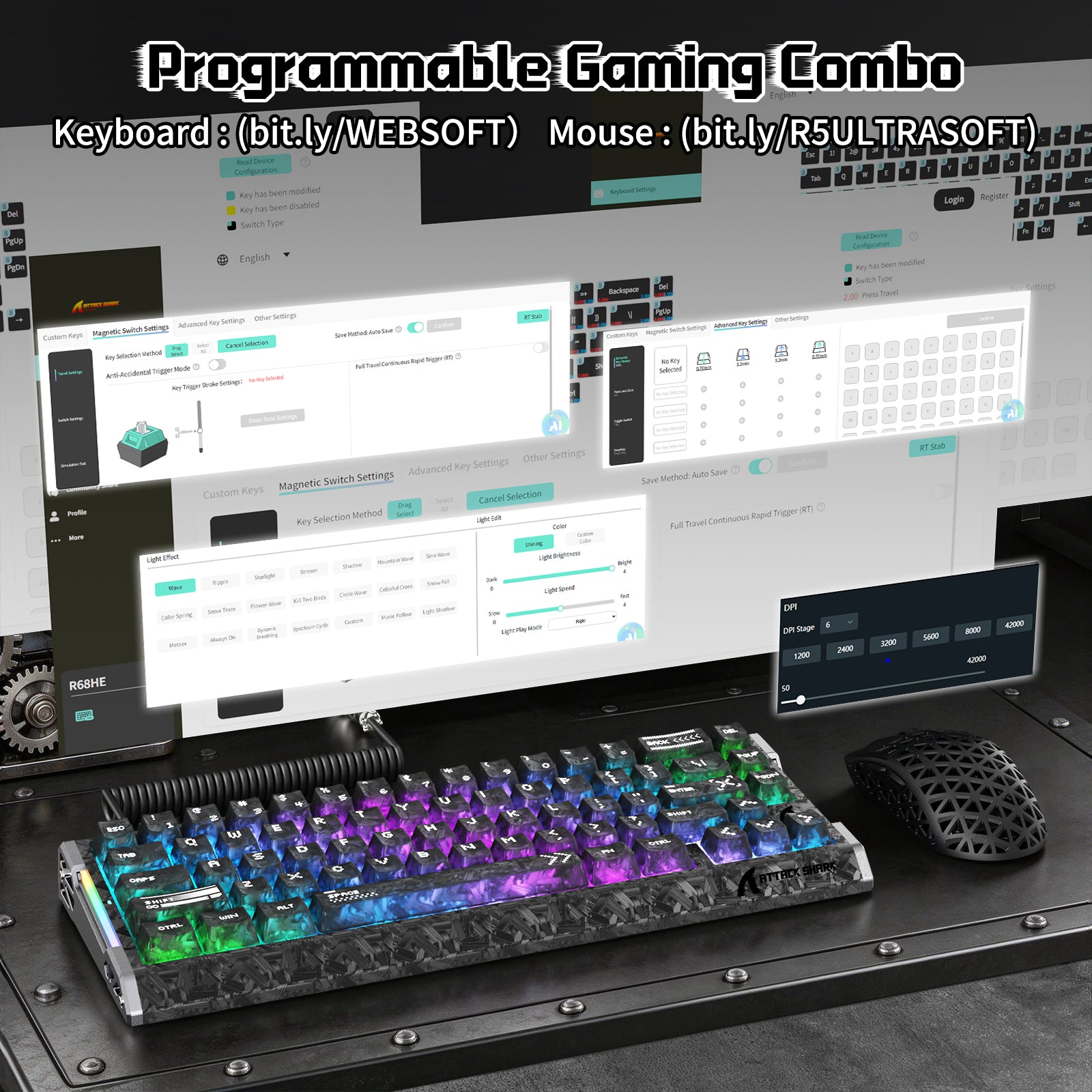 ATTACK SHARK R68 HE & R5 ULTRA Carbon Fiber Gaming Bundel met C01 ULTRA Opgerolde Kabel