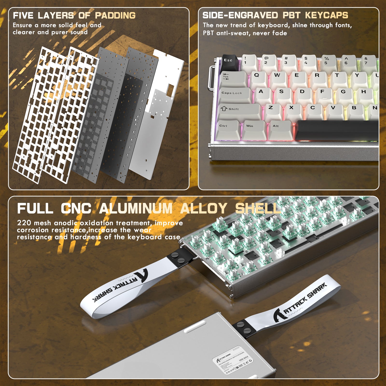 ATTACK SHARK X68MAX HE Rapid Trigger CNC Aluminium Toetsenbord Magnetische Schakelaar met C01Ultra RGB Opgerolde Kabel