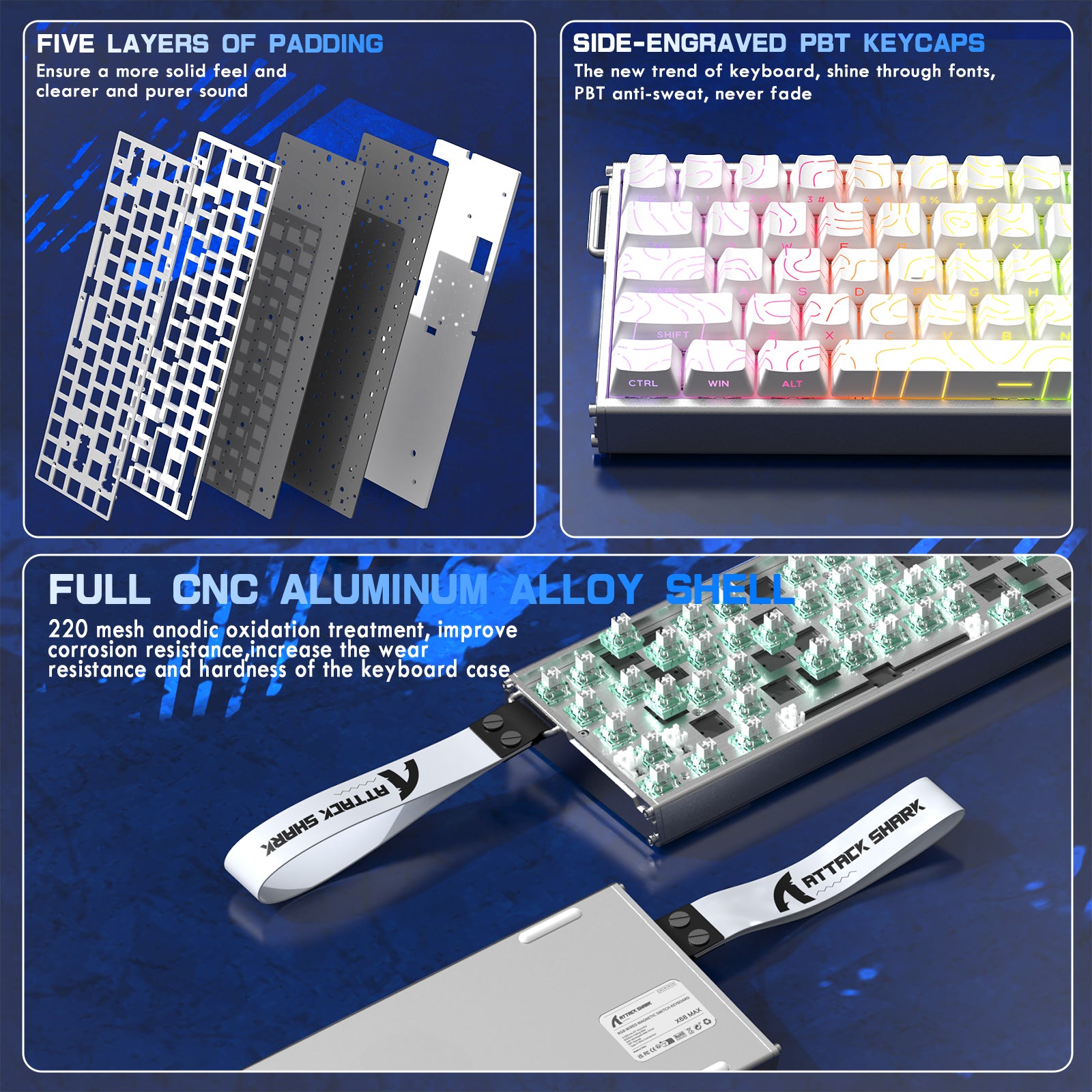 ATTACK SHARK X68MAX HE Rapid Trigger CNC Aluminium Toetsenbord Magnetische Schakelaar met C01Ultra RGB Opgerolde Kabel