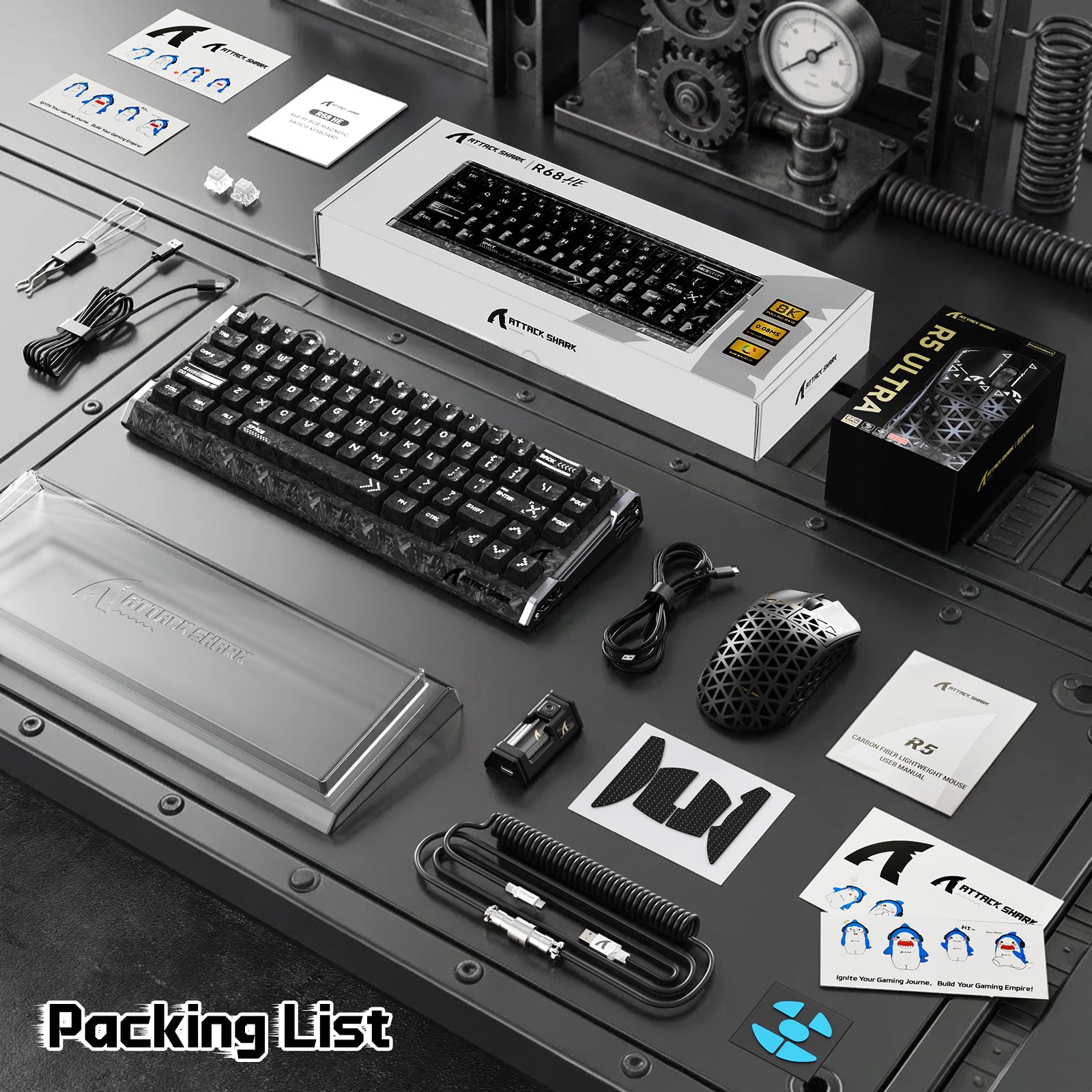 ATTACK SHARK R68 HE & R5 ULTRA Carbon Fiber Gaming Bundel met C01 ULTRA Opgerolde Kabel